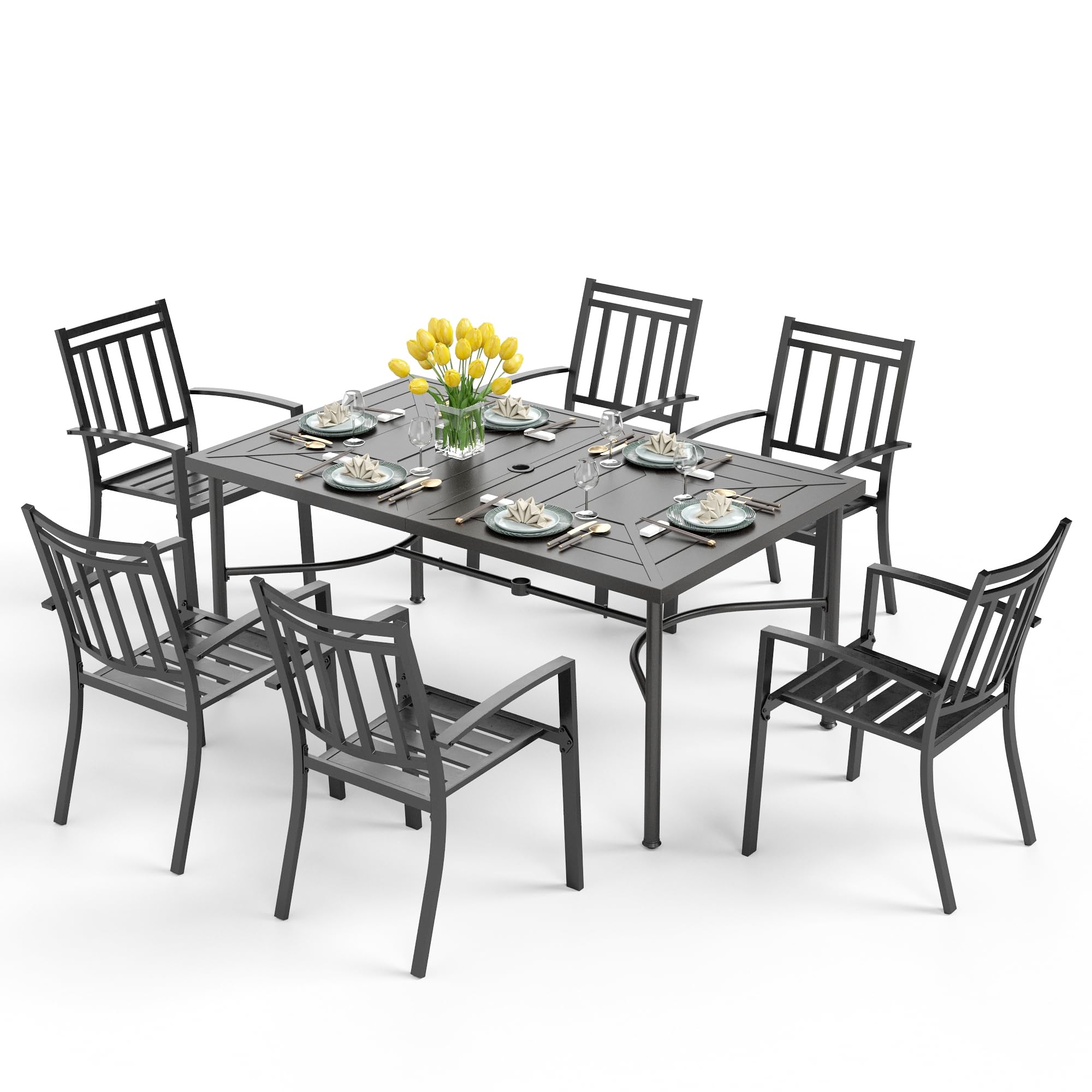 PHI VILLA 7-Piece Outdoor Dining Set - Metal Rectangle Table & 6 Stackable Bistro Chairs for Patio, Backyard, Garden - Perfect for BBQs, Poolside Gatherings & Outdoor Entertaining
