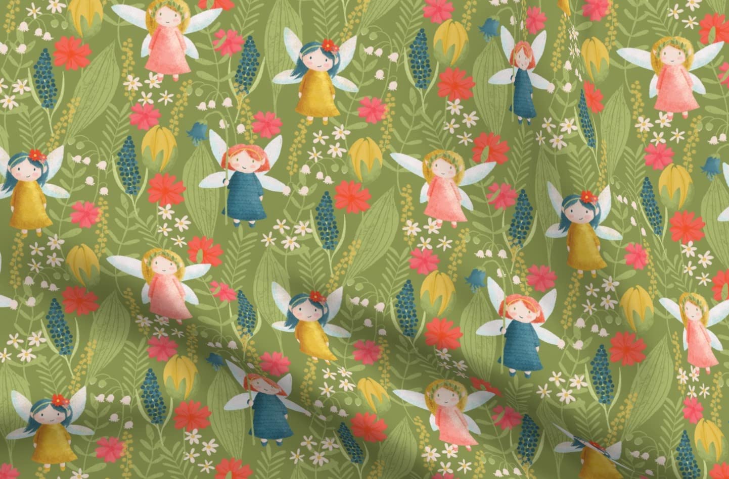 Spring Fairies Floral Printed Minky Fabric - Green Blue Flowers Leaves Red Nature Plants Design - Fat Quarter for Sewing Baby Blankets, Quilt Backing & Plush Projects - Soft DIY Craft Material for Nursery Decor & Gift Making