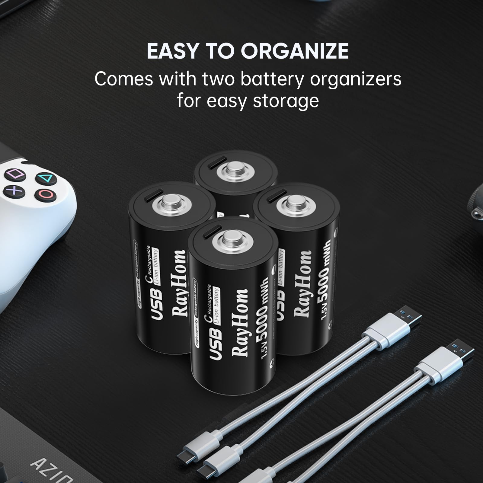 USB Rechargeable Lithium C Batteries 4-Pack - 1.5V 5000mWh Li-ion C Cell Batteries with Fast 2-Hour Charging & 1000+ Cycles, Includes 2-in-1 USB-C Charging Cable - Perfect for Flashlights, Toys, Medical Devices & Emergency Kits