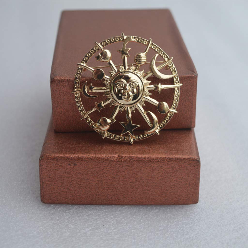 Golden Star Moon Sun Galaxy Brooch - Unisex Pewter Lapel Pins for Cardigan, Blouse & Shawl - Cosmic Couple Jewelry for Everyday Wear & Special Occasions