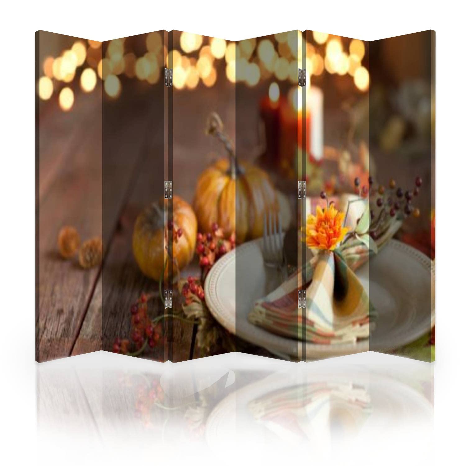 6 Panel Rustic Wood Folding Room Divider Screen - Autumn Thanksgiving Dining Table Decor, Privacy Partition for Home & Office - Perfect for Room Separation, Event Backdrops, and Cozy Interior Design