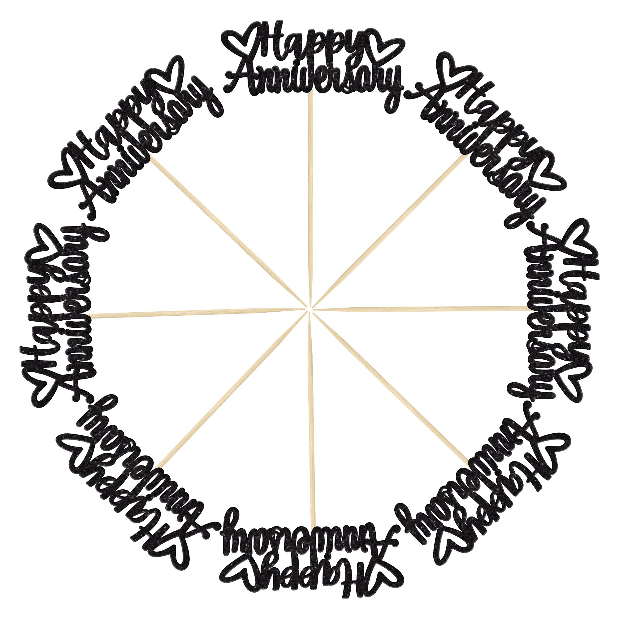 24 Pack Happy Anniversary Cupcake Toppers - Black Glitter Cake Decorations for Wedding, Anniversary & Celebration Parties - Elegant Party Supplies for Special Occasions