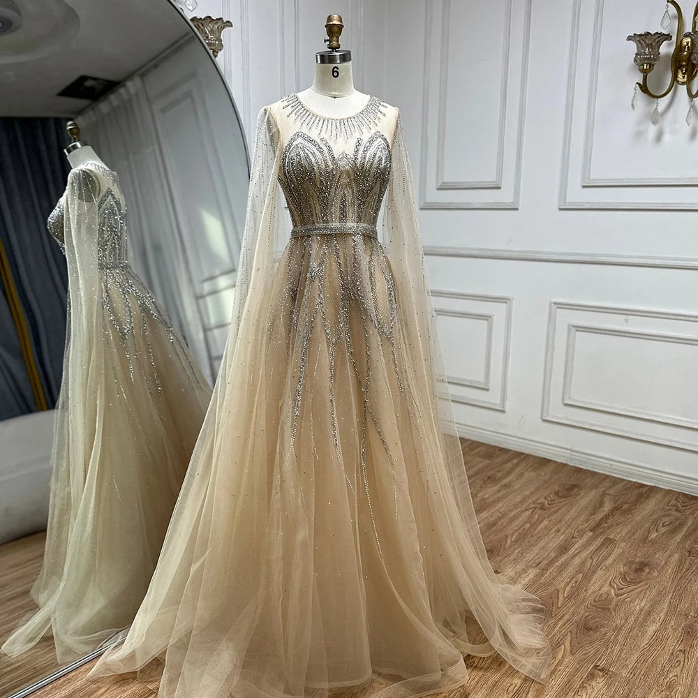 Elegant Nude Blue Beaded Long A-Line Arabic Evening Dress with Cape Sleeves for Dubai Luxury Formal Occasions - LA72785 | Perfect for Weddings, Galas, and Special Events