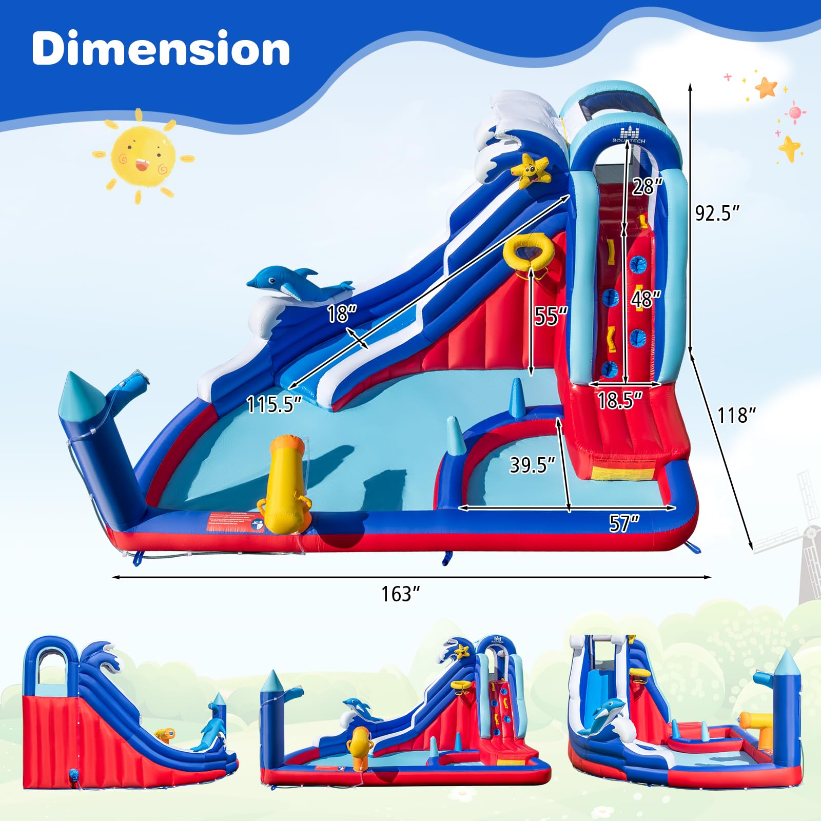 BOUNTECH Inflatable Water Slide with Dolphin Theme - Large Backyard Water Park for Kids & Adults, Includes Long Slide, Climbing Wall & Splash Pool - Perfect for Summer Parties, Outdoor Gatherings & Family Fun