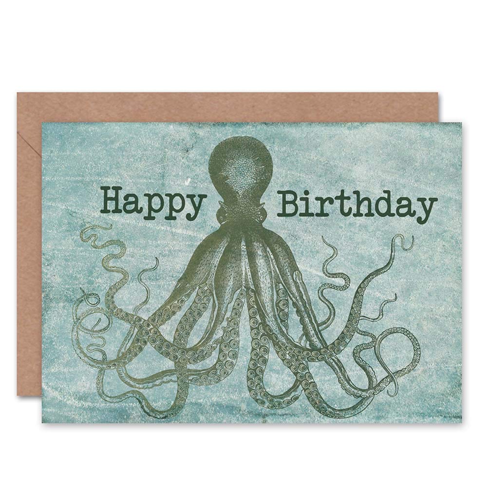 Wee Blue Coo Happy Birthday Octopus Tentacles Art Greeting Card - Unique Underwater Theme Birthday Gift for Kids & Adults - Perfect for Marine Life Lovers & Birthday Parties