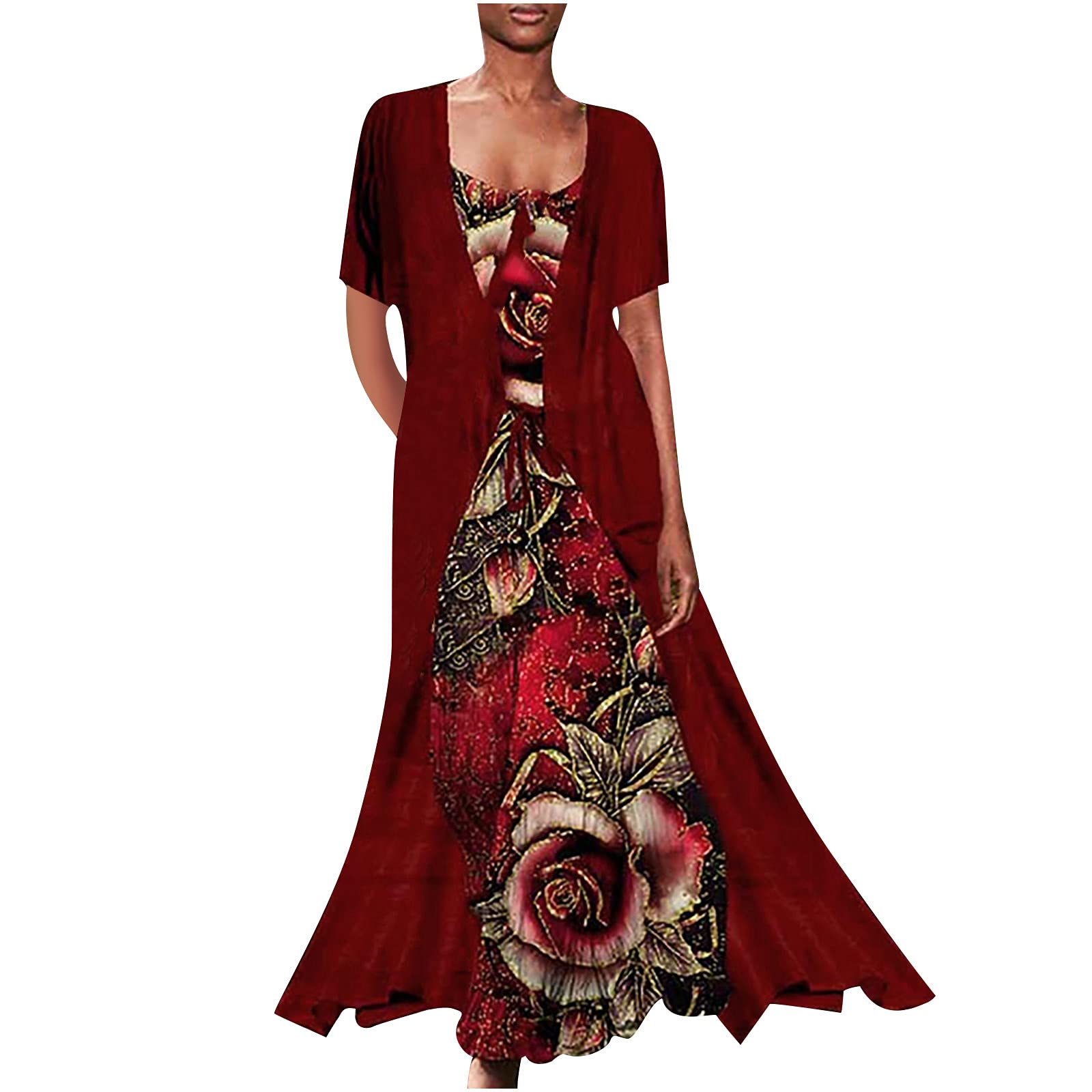 Women's 2 Piece Summer Casual Dress Set - Floral Print Chiffon Sundress with Crewneck & Short Sleeves | Wedding Guest Outfit, Beach Vacation, Garden Party, Brunch Date
