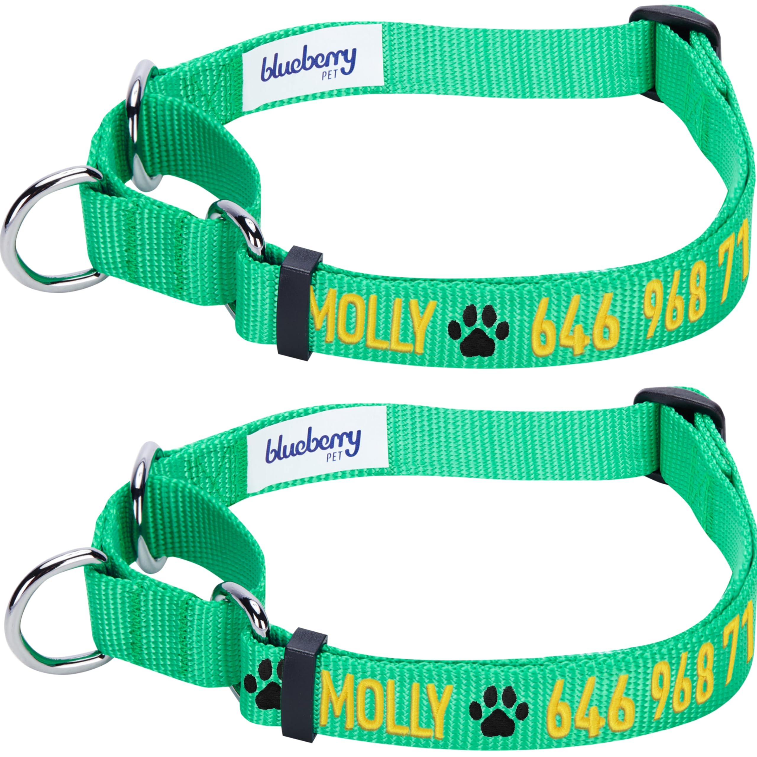 Personalized Martingale Dog Collar - Adjustable Safety Training Collar with Custom Embroidered Pet Name & Phone Number | Blueberry Pet Essentials | Emerald Green Medium Size | Perfect for Walks, Training & Identification