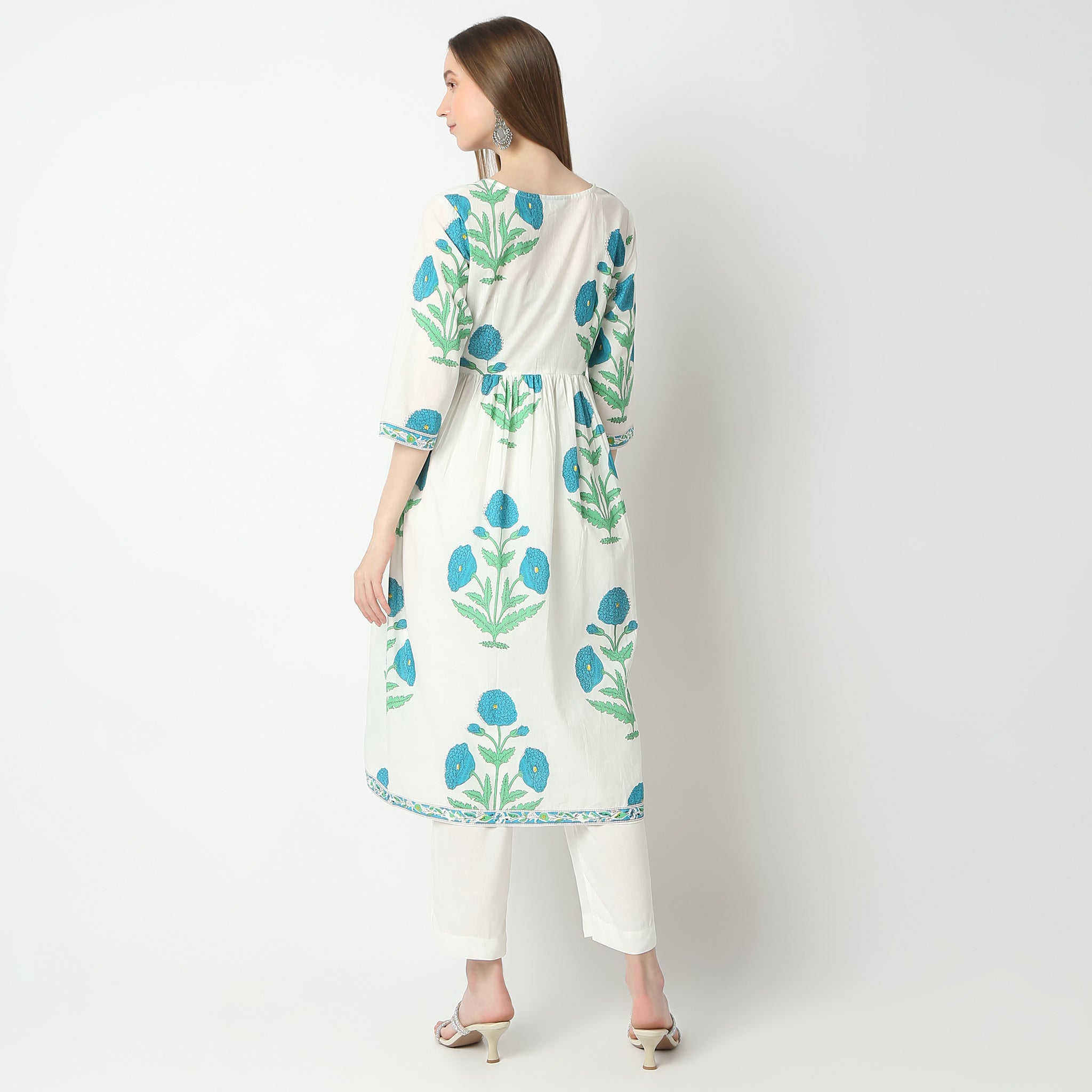 Flare Fit Printed Below Knee V Neck Alia Cut Kurta for Women - Stylish Indian Ethnic Wear for Casual Outings & Festive Occasions