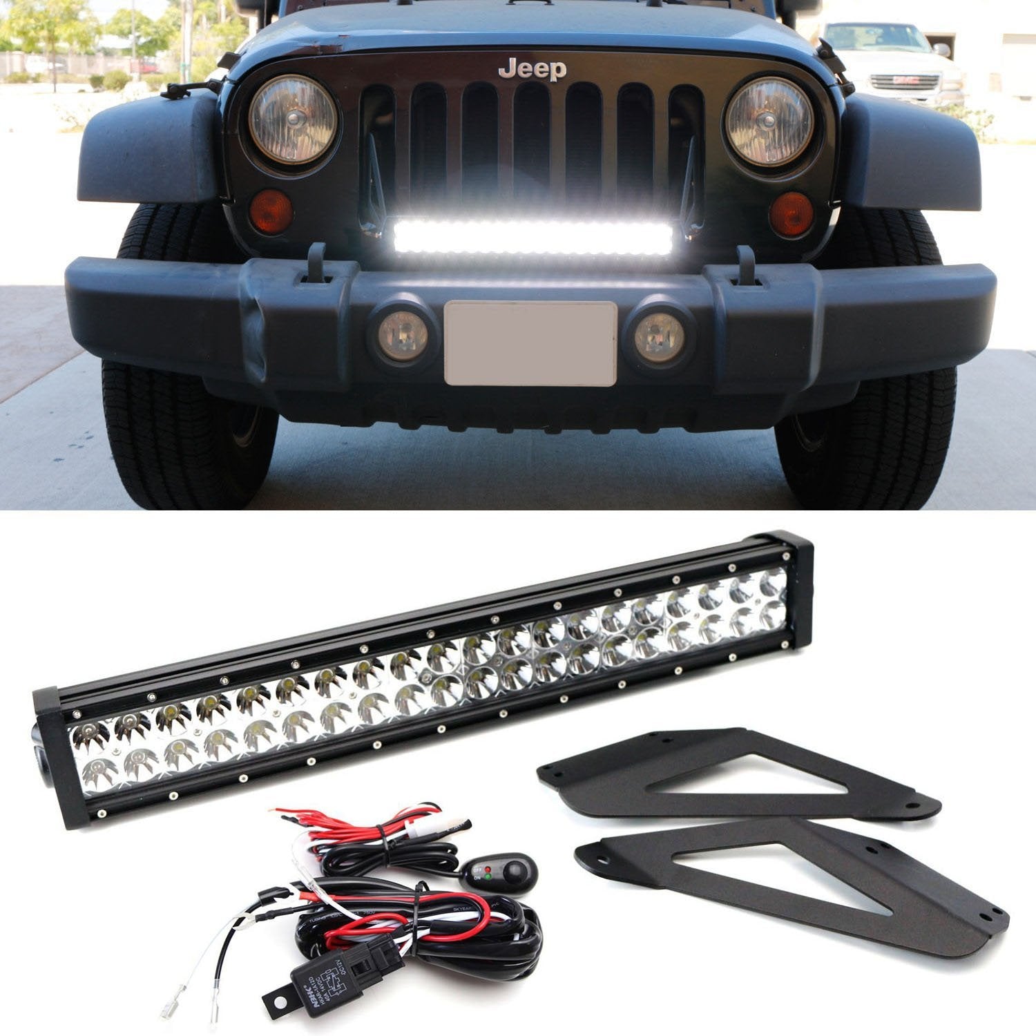 120W 20 LED Light Bar with Front Grille Bracket & Wiring Kit for 2007-2017 Jeep Wrangler JK - Off-Road Lighting, Trail Driving, Night Adventure Accessories