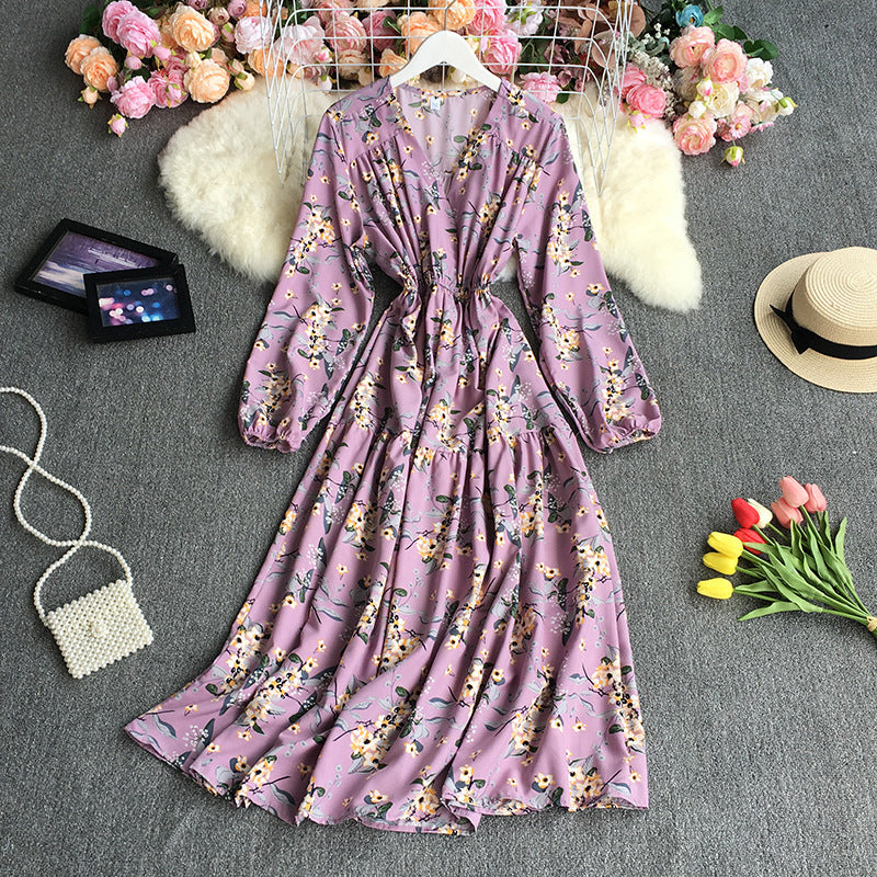 Vintage Floral Print Puff Sleeve Dress - Women's Loose Fit V-Neck Casual Maxi Dress for Fall | Perfect for Autumn Weddings, Date Nights & Boho Fashion