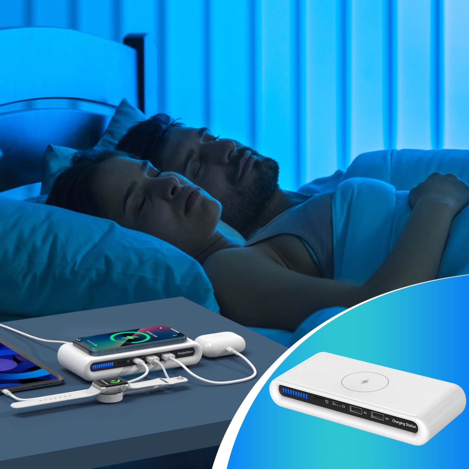4 in 1 Multiport Wireless Charger with QC3.0 Fast Charging - Compatible with iPhone, Samsung, AirPods, Smartwatches & Power Banks | Perfect for Home, Office & Travel Charging Station