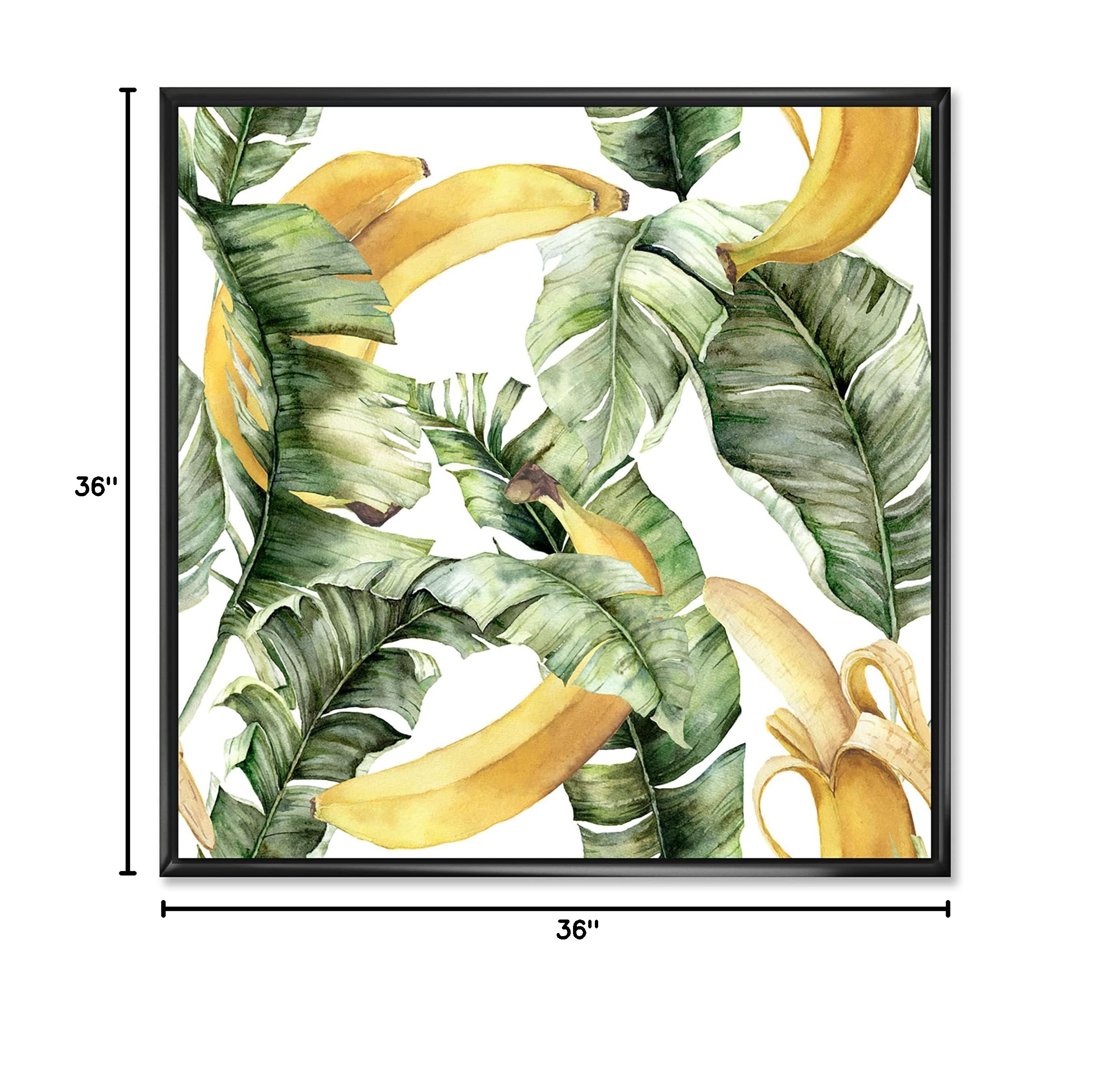 DesignQ Ripe Bananas With Leaves - Coastal Framed Canvas Wall Art Print, Green, 36x36 Inches - Perfect for Beach House Decor, Tropical Kitchen Wall Art & Farmhouse Dining Room