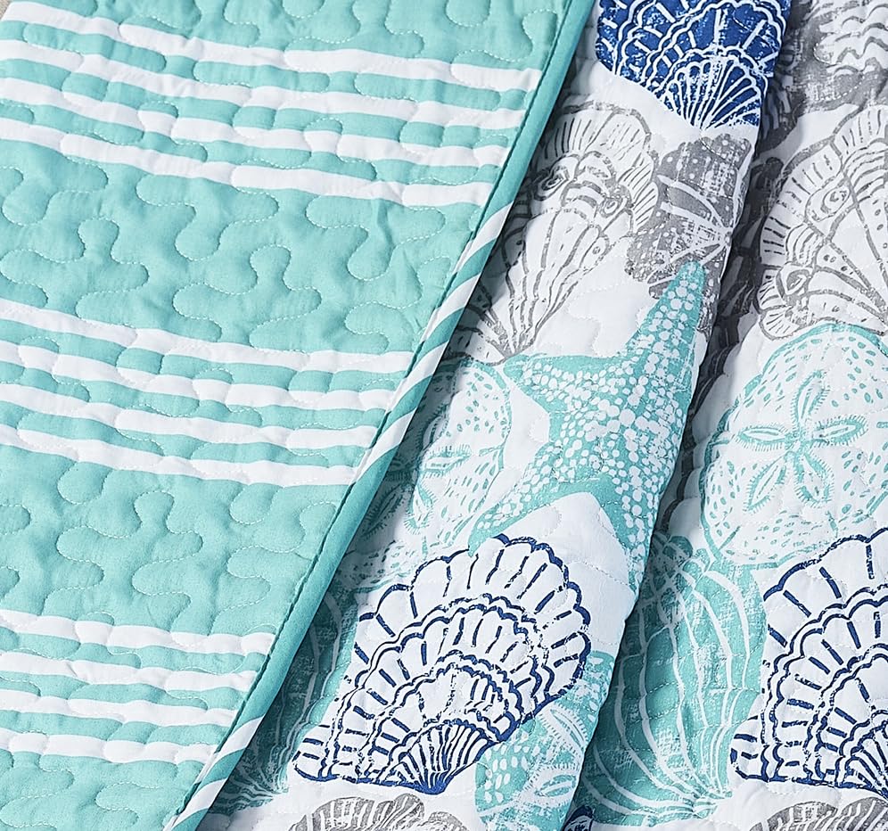 King Size Beach Quilt Set - Seashell & Starfish Coastal Bedding for Vacation Homes