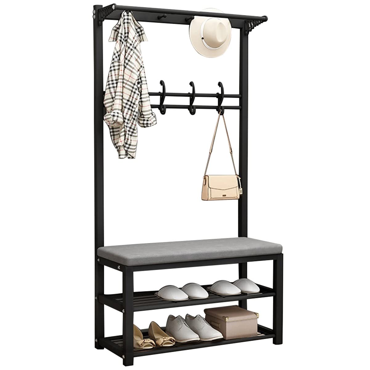 Mixfom 3-in-1 Entryway Hall Tree with Storage Shelves, Coat Rack with Hooks & Shoe Bench - Sturdy Easy Assembly Hallway Organizer (Black, 80x33x170cm) - Perfect for Small Spaces, Apartments & Mudrooms