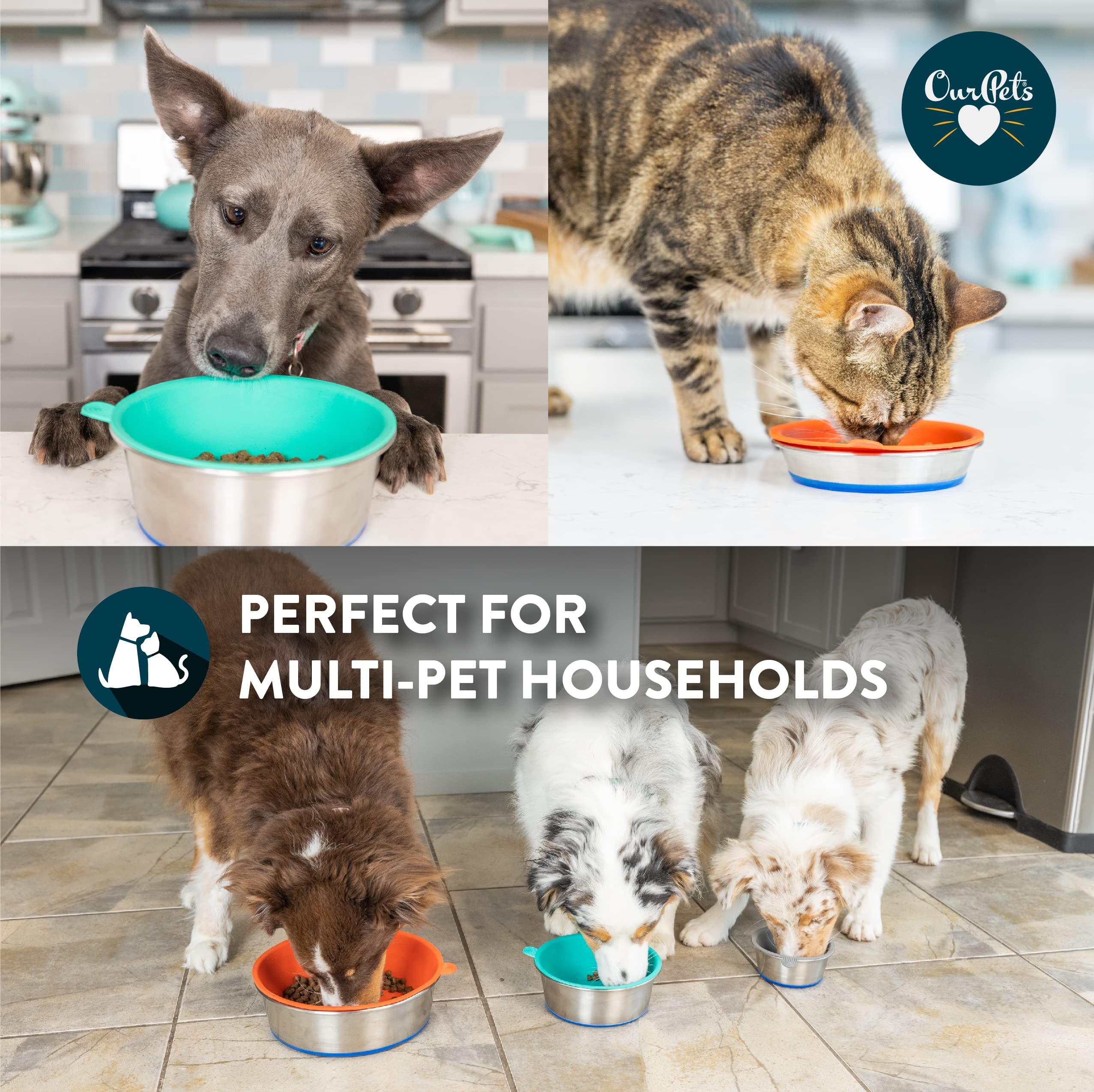 Non-Slip Stainless Steel Dog Bowl for Large Dogs - 7 Cup Capacity Pet Food & Water Dish with 3 TPE Inserts - Durable Anti-Slip Dog Feeder Perfect for Home, Kitchen & Outdoor Use