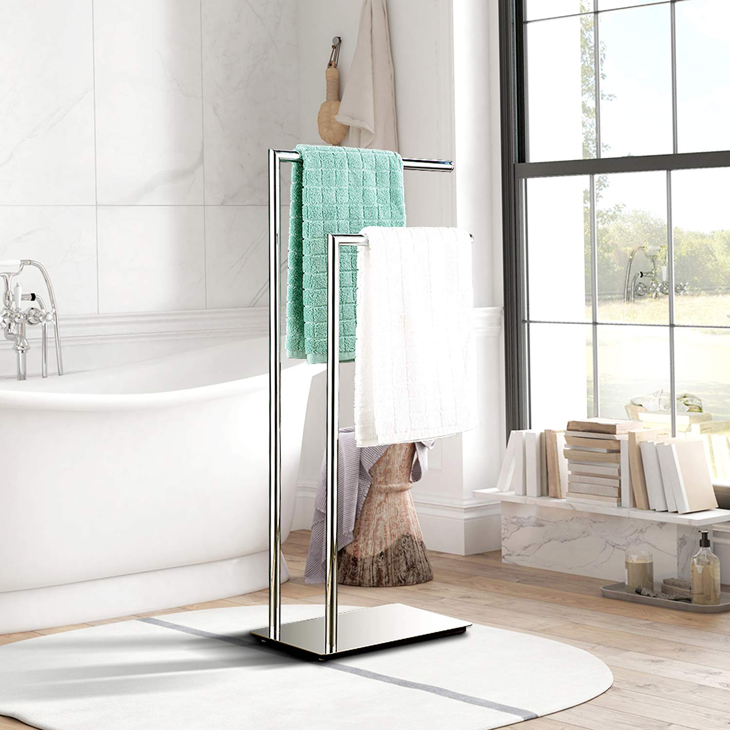 Freestanding Double Towel Rack - Rustproof Bathroom Towel Holder Stand with Brass Chrome Finish - Perfect for Bathroom, Spa, and Laundry Room Organization