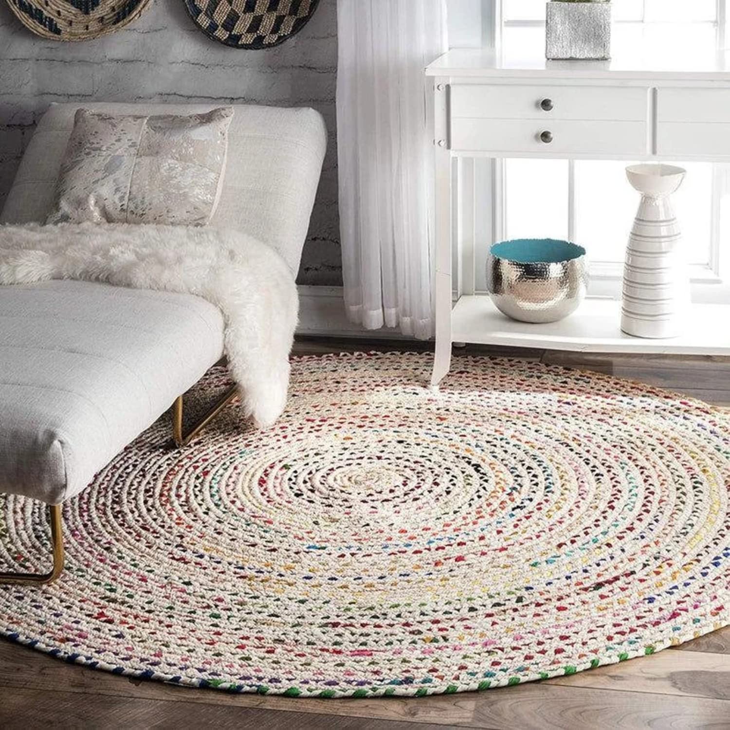 100% Cotton Hand Braided Farmhouse Round Rug - Rustic Diamond Design for Living Room, Bedroom, Kitchen - Soft & Durable Home Decor for Cozy Spaces