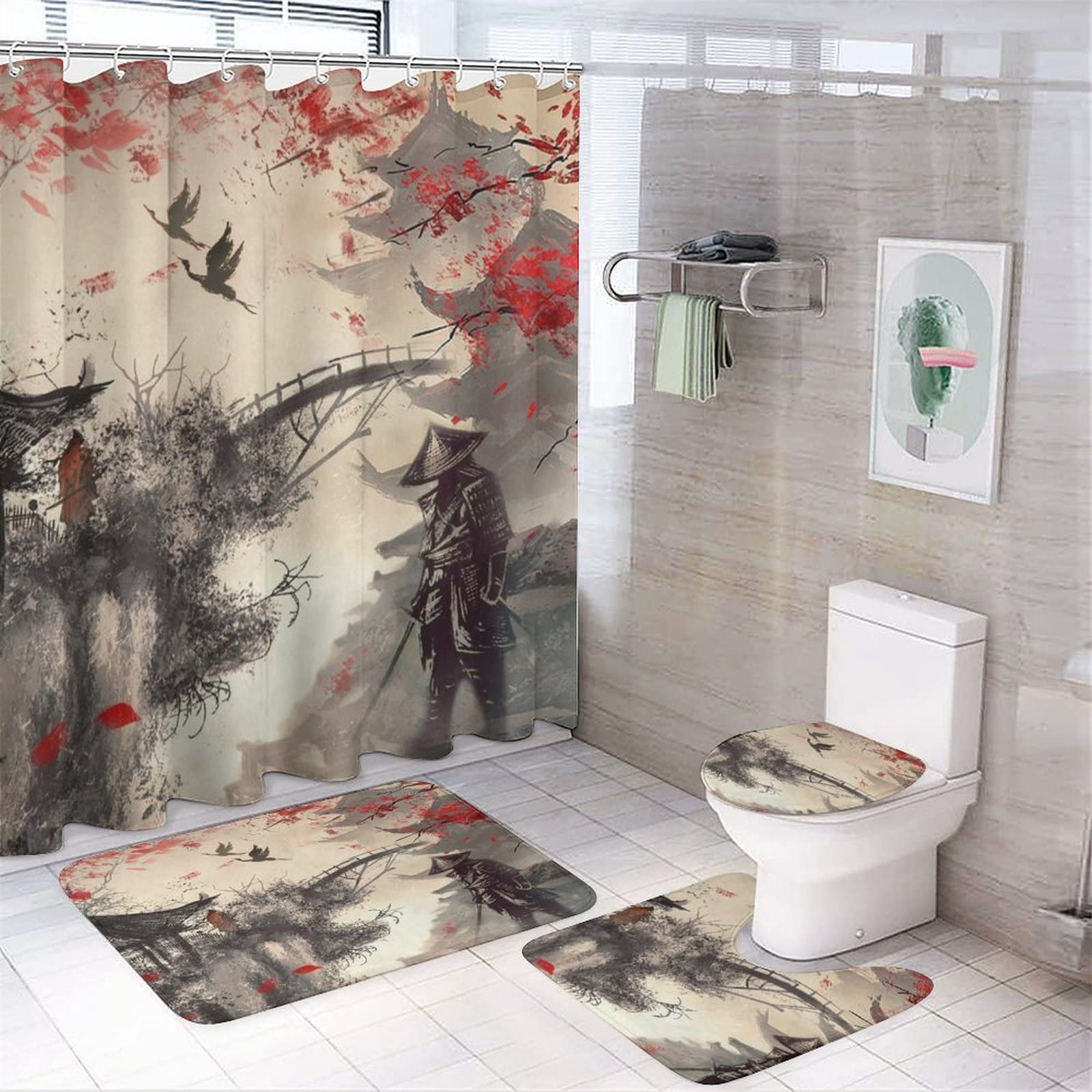 Vintage Japanese Samurai Shower Curtain Set - 4 Piece Bathroom Accessories with Non-Slip Rug, Toilet Lid Cover & Bath Mat - Perfect for Themed Bathrooms & Anime Lovers