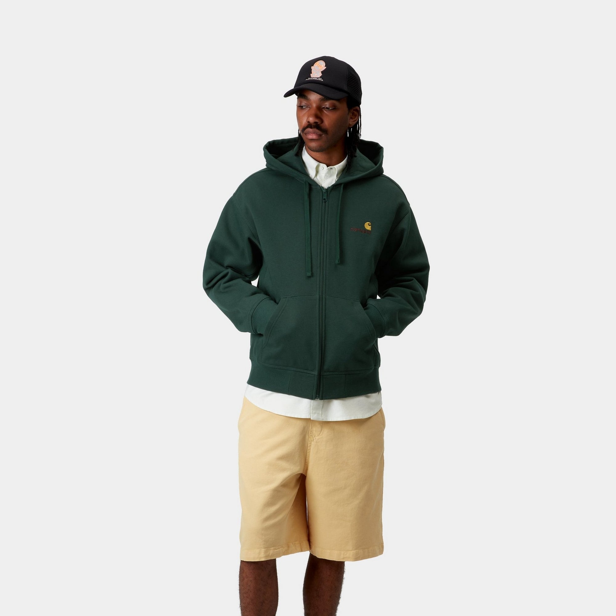Hooded American Script Jacket - Stylish Fleece-Lined Pullover for Men & Women | Conifer Green | Perfect for Outdoor Adventures & Casual Wear