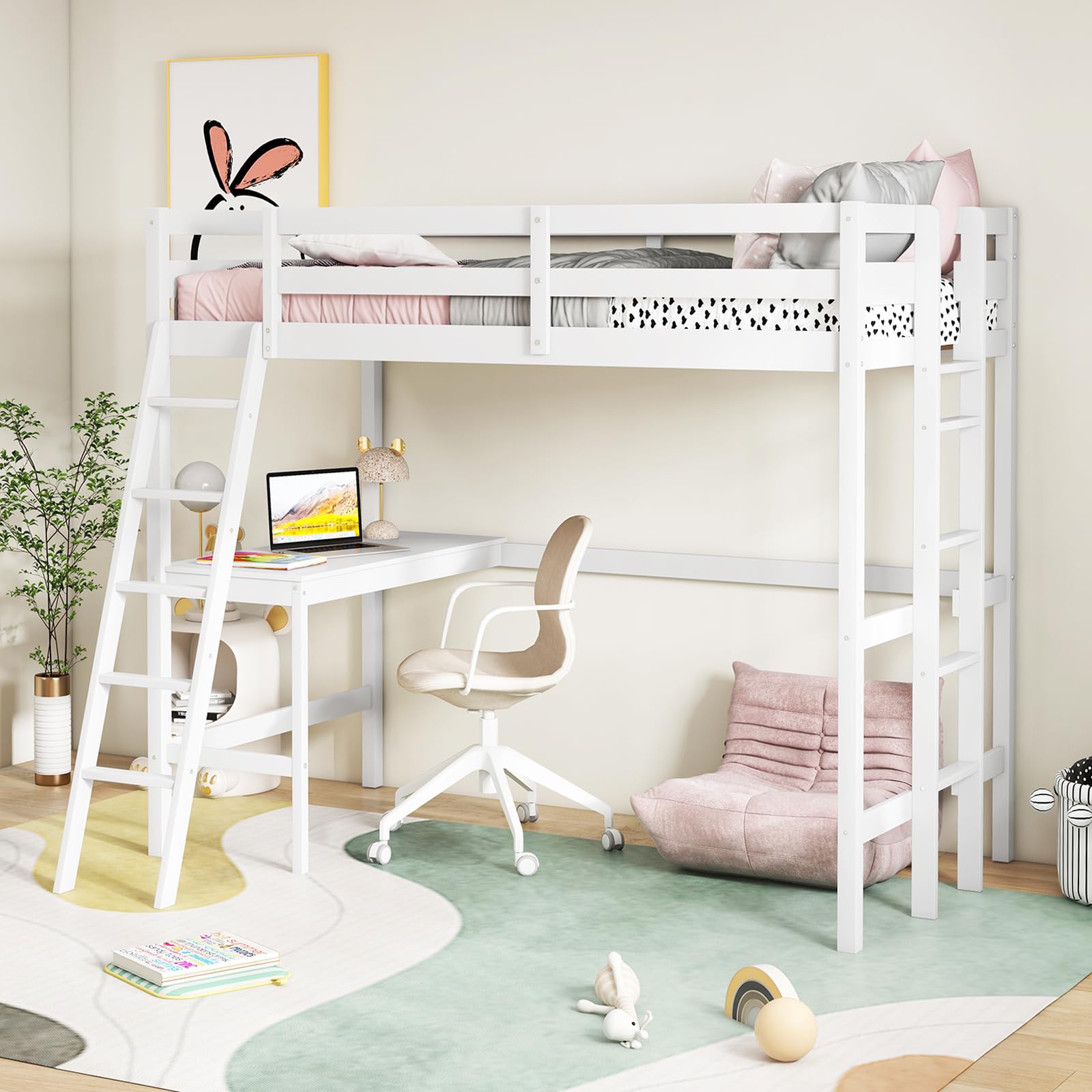 **KOMFOTT Twin Loft Bed with Desk - Solid Wood Loft Bed Frame for Teens & Adults - Space-Saving Bunk Bed with 2 Ladders & Safety Guardrail - No Box Spring Needed - Sturdy Wooden Slats Support (White) - Perfect for Small Bedrooms, Dorms, and Studio Apartments**