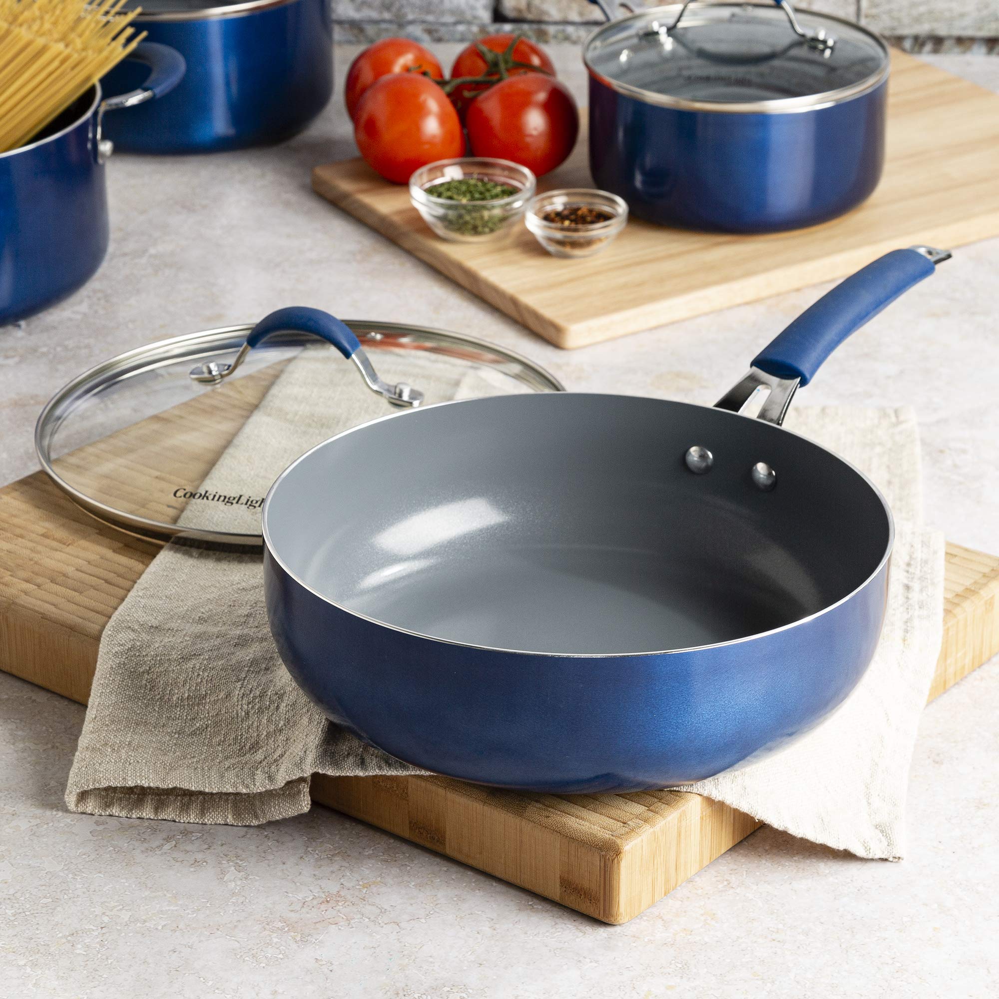 Nonstick Ceramic Deep Cooker - 4-Quart Jumbo Cooker with Scratch-Resistant Coating, Dishwasher Safe & Cool Touch Handle - Perfect for Sauteing, Stewing & Slow Cooking - Even Heating Base for Perfect Meals Every Time - Blue