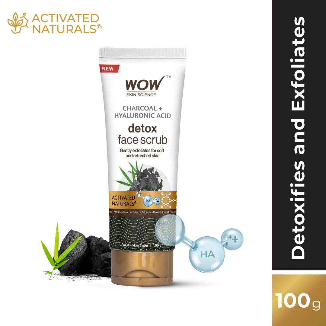 WOW Skin Science Charcoal & Hyaluronic Acid Face Scrub - Deep Cleansing & Hydrating Detox Treatment for Oily & Acne-Prone Skin | Unclogs Pores, Removes Blackheads & Controls Oil | Improves Skin Elasticity | 100g | Perfect for Daily Skincare Routine & Pre-Makeup Prep