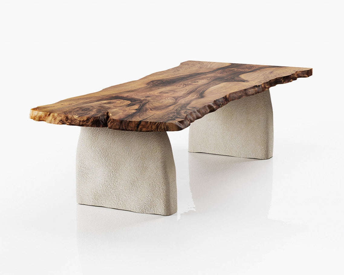 Luxury Solid Wood Walnut Dining Table with Stone-Inspired Legs - Wabi Sabi Style Modern Furniture for Living Room, Dining Room & Office