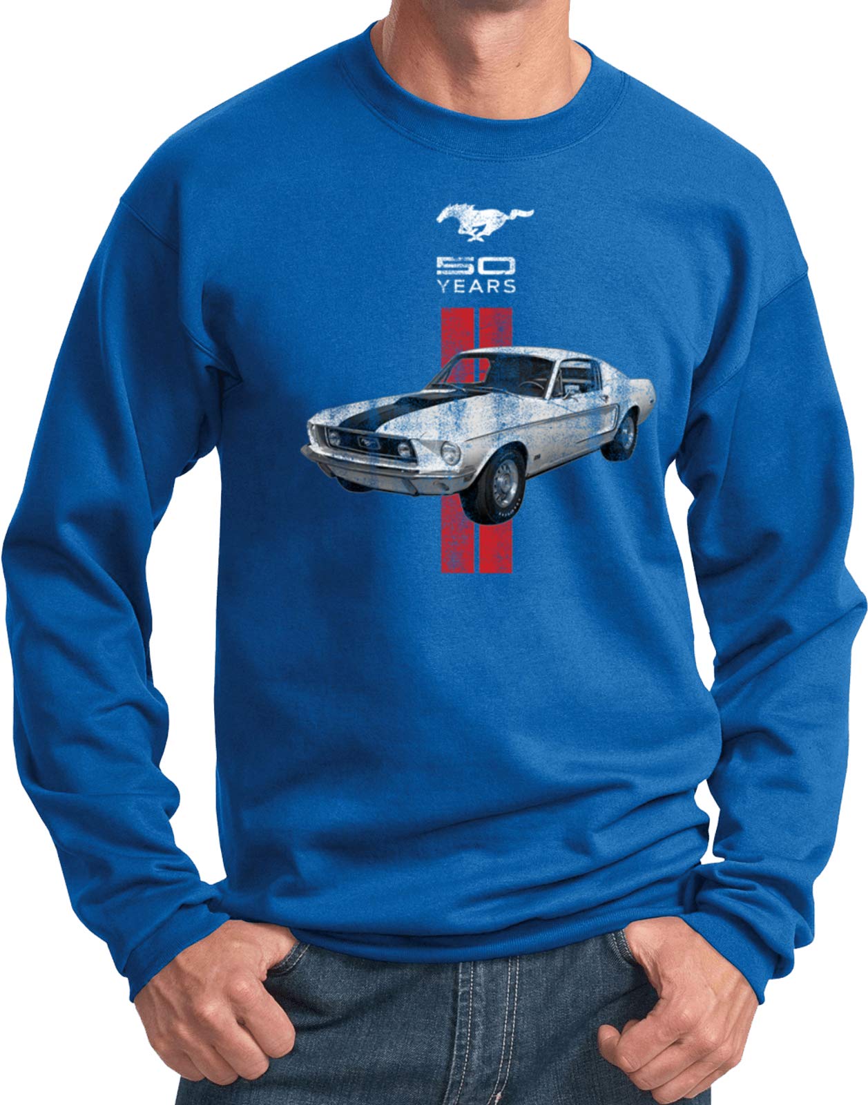Ford Mustang 50th Anniversary Red Stripe Sweatshirt - Vintage Car Enthusiast Gift, Casual Wear for Mustang Fans & American Muscle Car Lovers