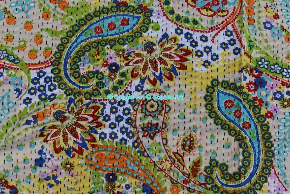 Sophia-Art Handmade Indian Kantha Cotton Quilt - Paisley Print Bohemian Bedspread, Sofa Cover & Throw Blanket for Bedroom, Living Room & Outdoor Use