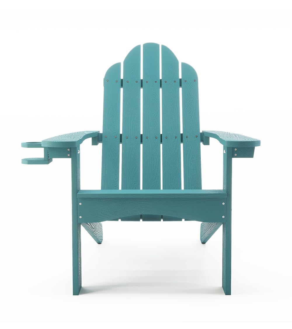 Premium LUE BONA HDPS Adirondack Chairs Set of 4 - Heavy Duty 350LBS Capacity Weather-Resistant Outdoor Patio Furniture with Cup Holder, Modern Plastic Chairs for Deck, Porch & Backyard - Relaxing by Fire Pit & Poolside (Blue Turquoise)