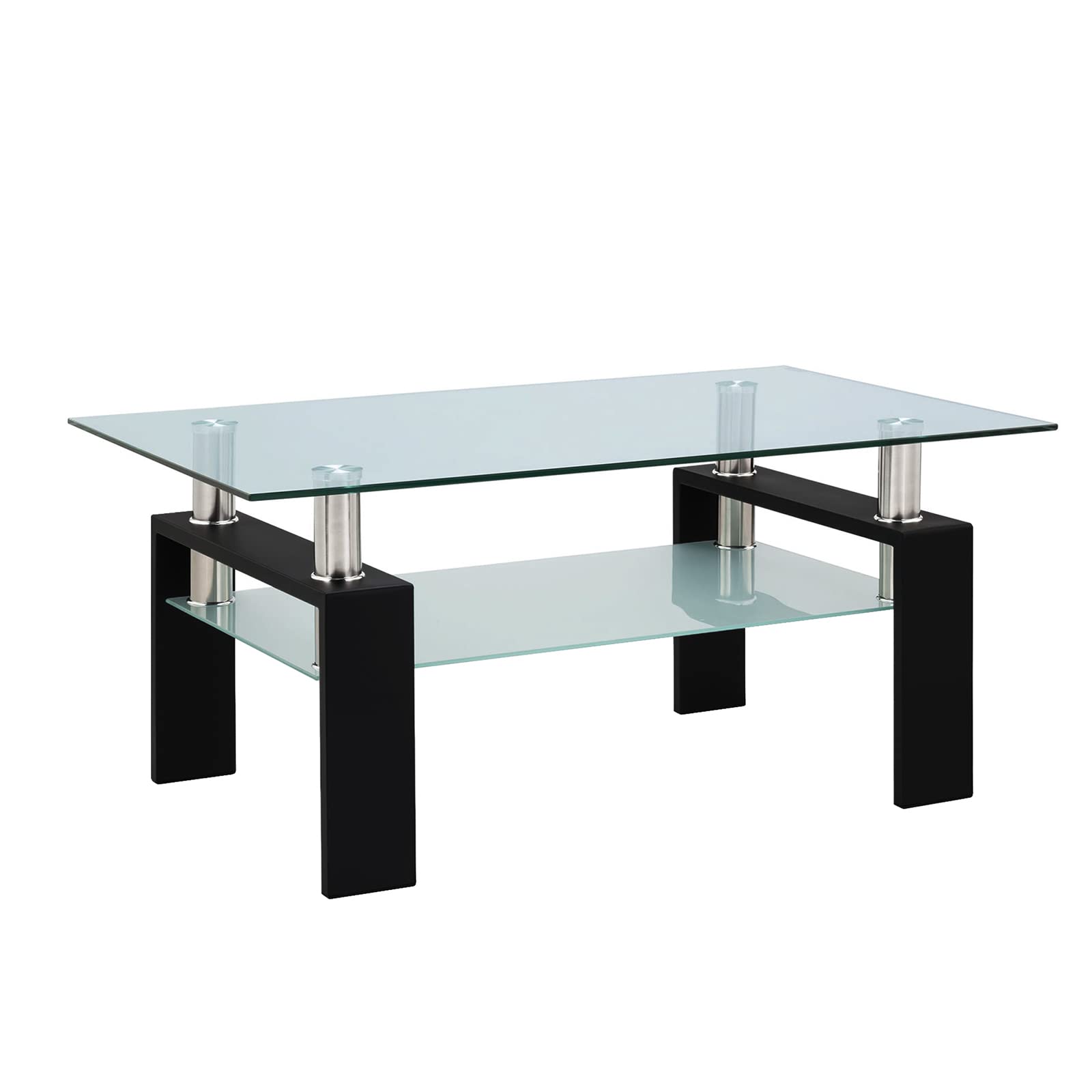 Modern Black Tempered Glass Coffee Table with Storage Shelf & Metal Frame - Stylish Living Room Side Table for Home Decor & Small Space Organization