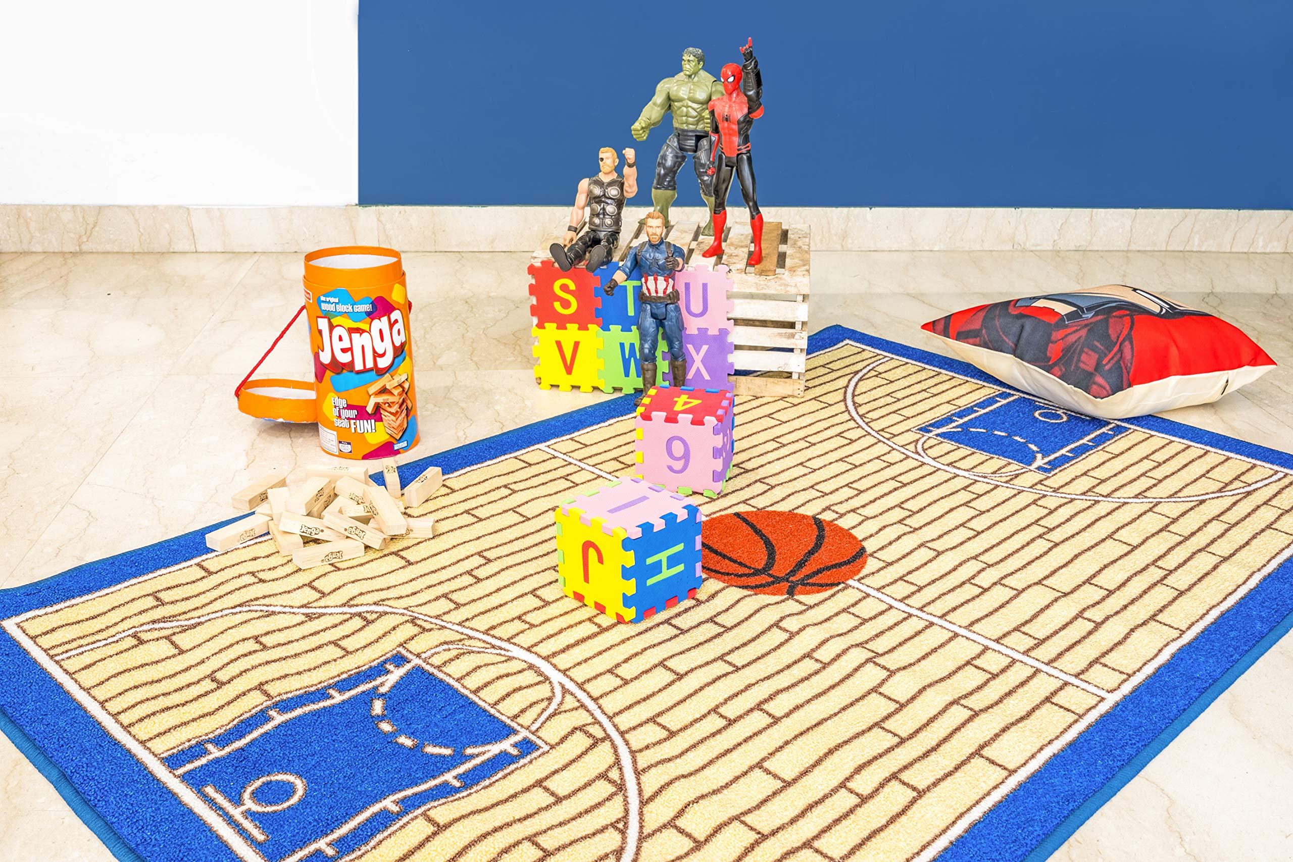 695 Basketball Themed Kids Play Area Rug - Non-Slip Blue Court Design for Playroom, Kindergarten & Bathroom - Modern Decor 7'10
