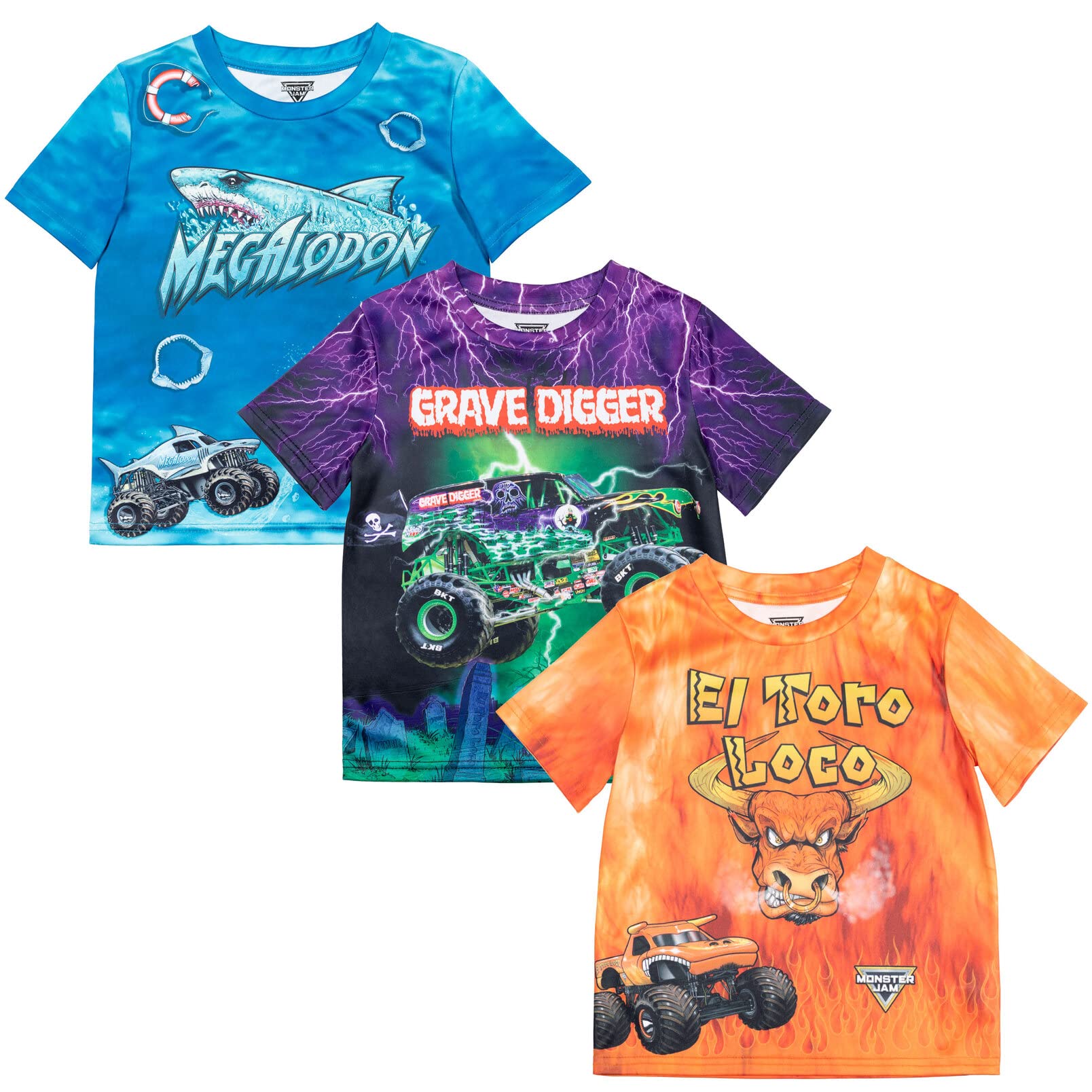 Monster Jam 3 Pack Boys' T-Shirts Set - Grave Digger, El Toro Loco & Megalodon Designs for Toddler to Big Kid (Ages 2-8) | Fun Graphic Tees for Playdates, Birthday Parties & Monster Truck Shows