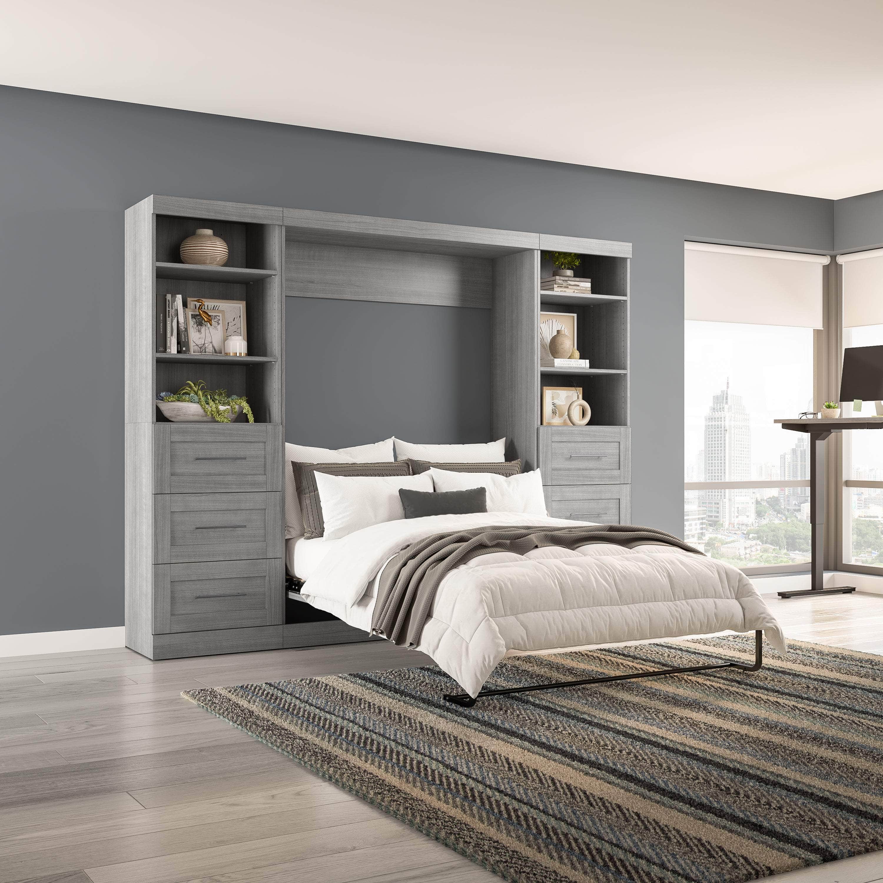 Pur Full Murphy Wall Bed with 2 Storage Units & Drawers (109W) - 7 Color Options for Space-Saving Home Office, Guest Room & Small Apartments
