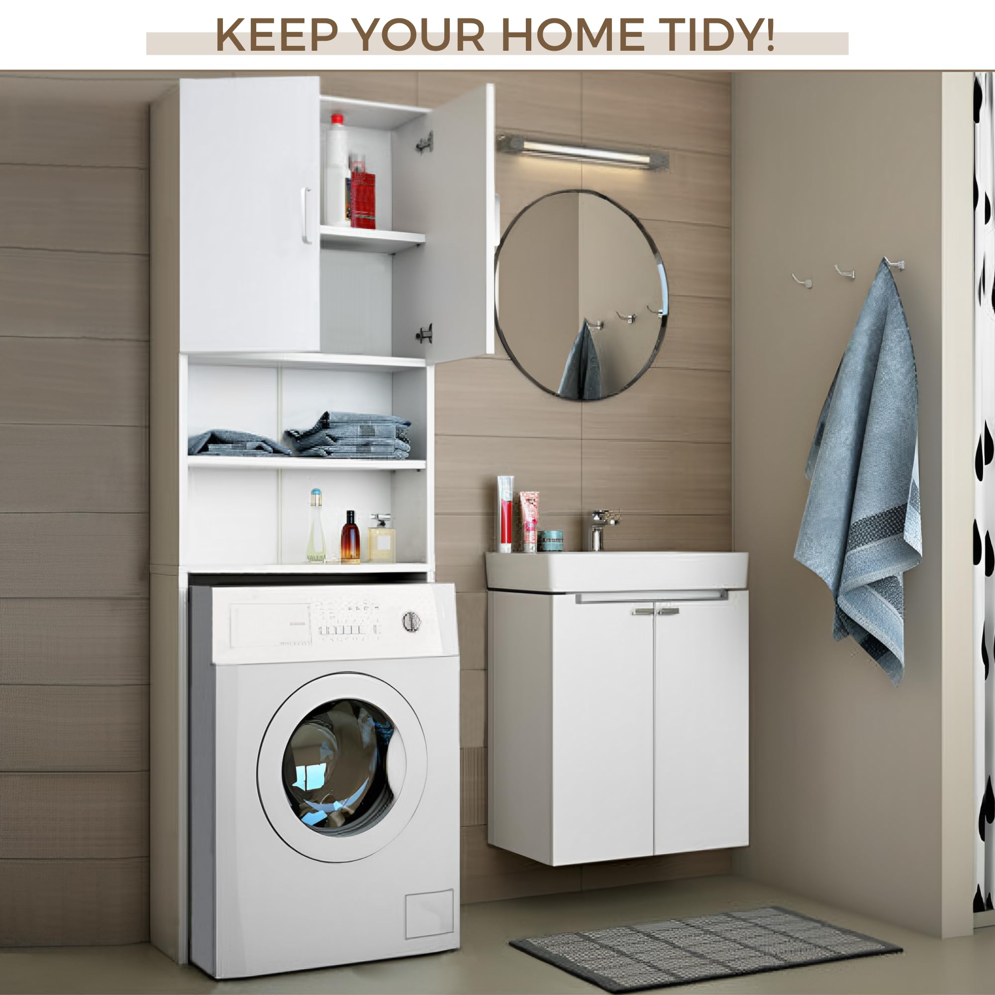 Space-Saving 4-Tier Laundry Shelf Organizer - MDF Wood Storage Cabinet for Washer & Dryer - Perfect for Small Bathrooms & Laundry Rooms