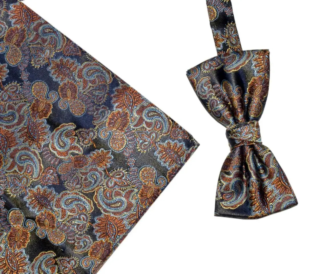 L.A. Smith Blue & Orange Paisley Silk Bow Tie & Pocket Square Set - Perfect for Weddings, Prom & Formal Events