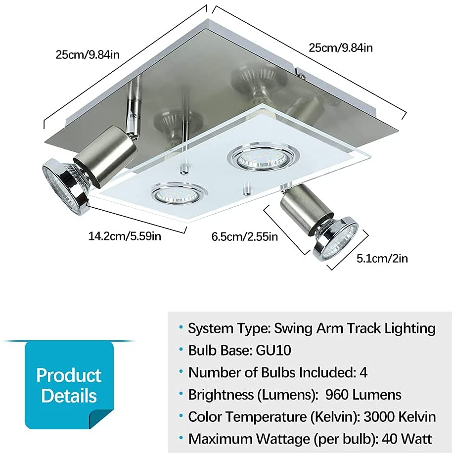 Depuley 4-Light LED Track Lighting Fixture - Modern Adjustable Ceiling Spotlights for Kitchen, Bedroom, Living Room & Dining Room - Flush Mount Square Design with GU10 Bulbs Included (Nickel Finish) - Perfect for Accent Lighting and Highlighting Artwork or Decor
