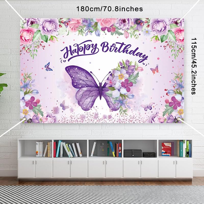Purple Butterfly Happy Birthday Backdrop & Banner - Elegant Women's Birthday Decor, Baby Shower & Fairy Themed Party Supplies - Perfect for Spring Celebrations, Indoor/Outdoor Decorations