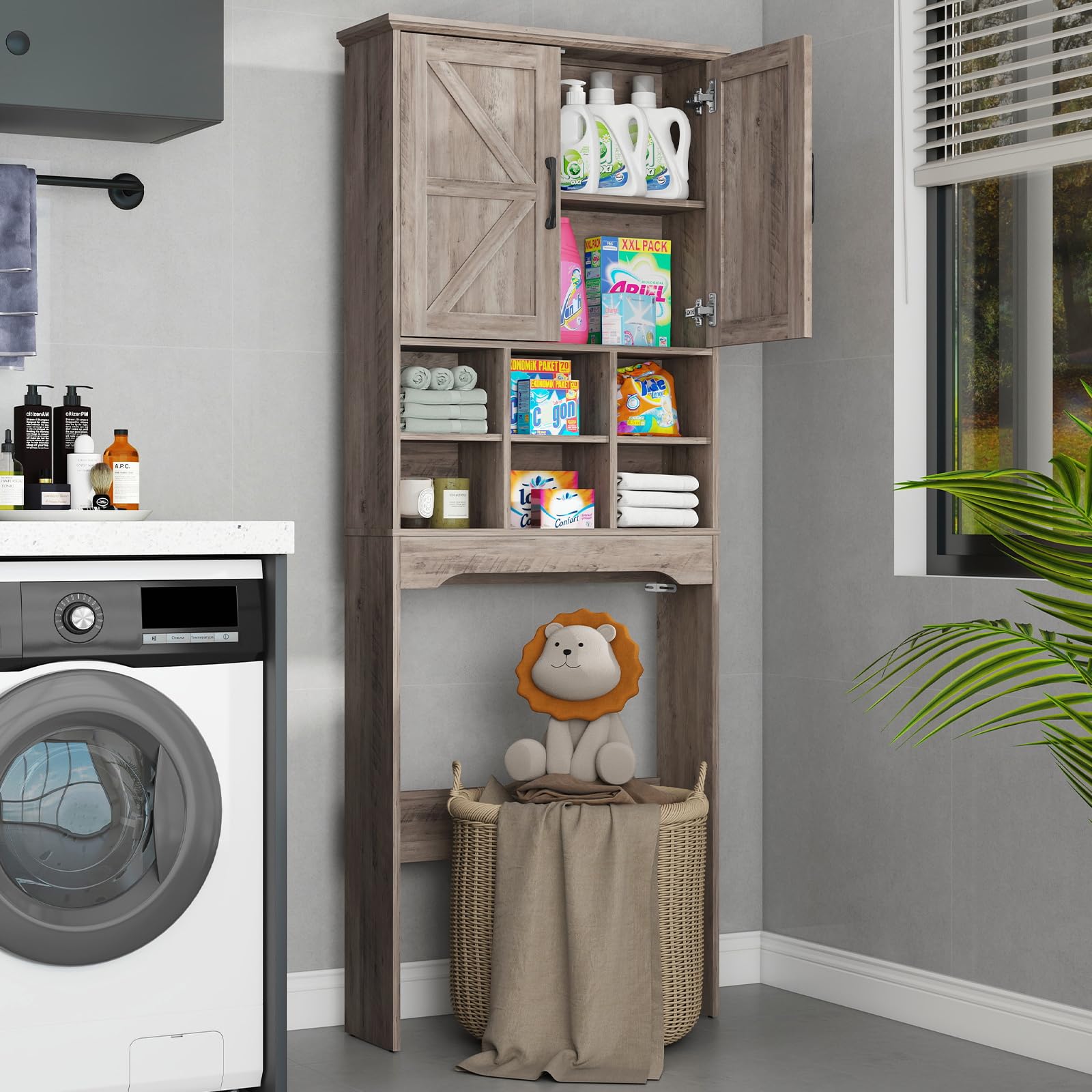 Over The Toilet Storage Cabinet with 2 Doors & Adjustable Shelves - Space Saving Bathroom Organizer for Small Spaces, Grey - Perfect for Towels, Toiletries & Bath Essentials Storage