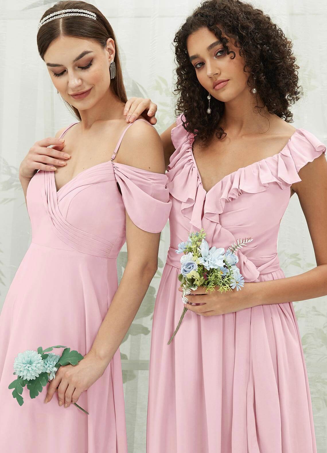 Elegant Blush Chiffon Bridesmaid Dress with Ruffle Details & Cross Straps - Perfect for Weddings, Formal Events & Special Occasions
