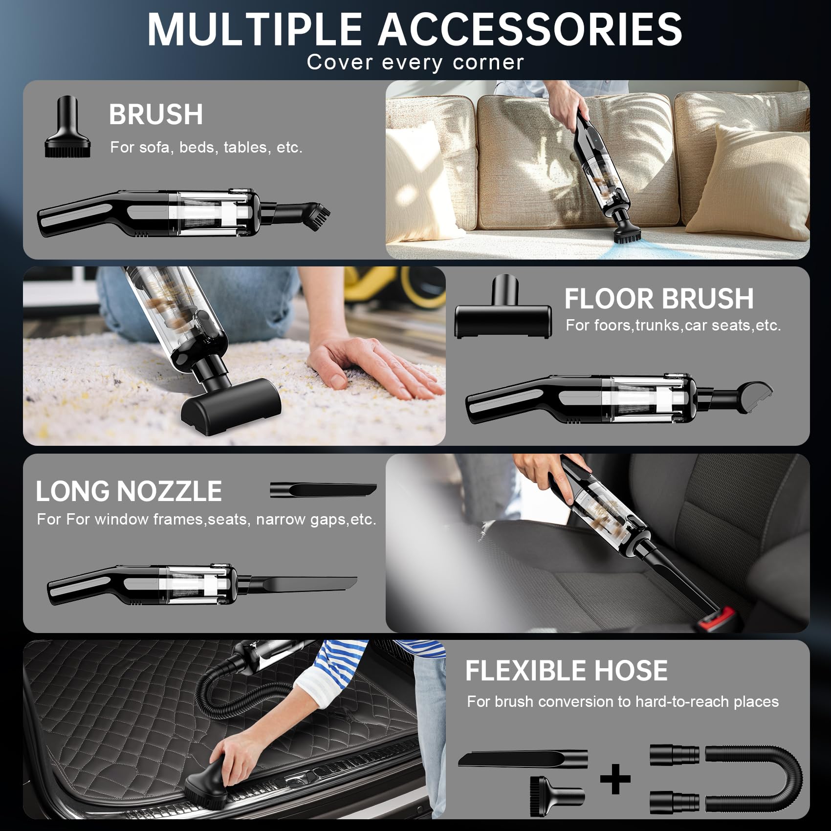 Cordless Handheld Vacuum Cleaner - 16000Pa Powerful Suction, 1.3lbs Lightweight, Rechargeable for Home, Office & Car Use | Pet Hair Removal | Includes Brushless Motor & Multiple Accessories | Perfect for Cars, Sofas & Small Spaces