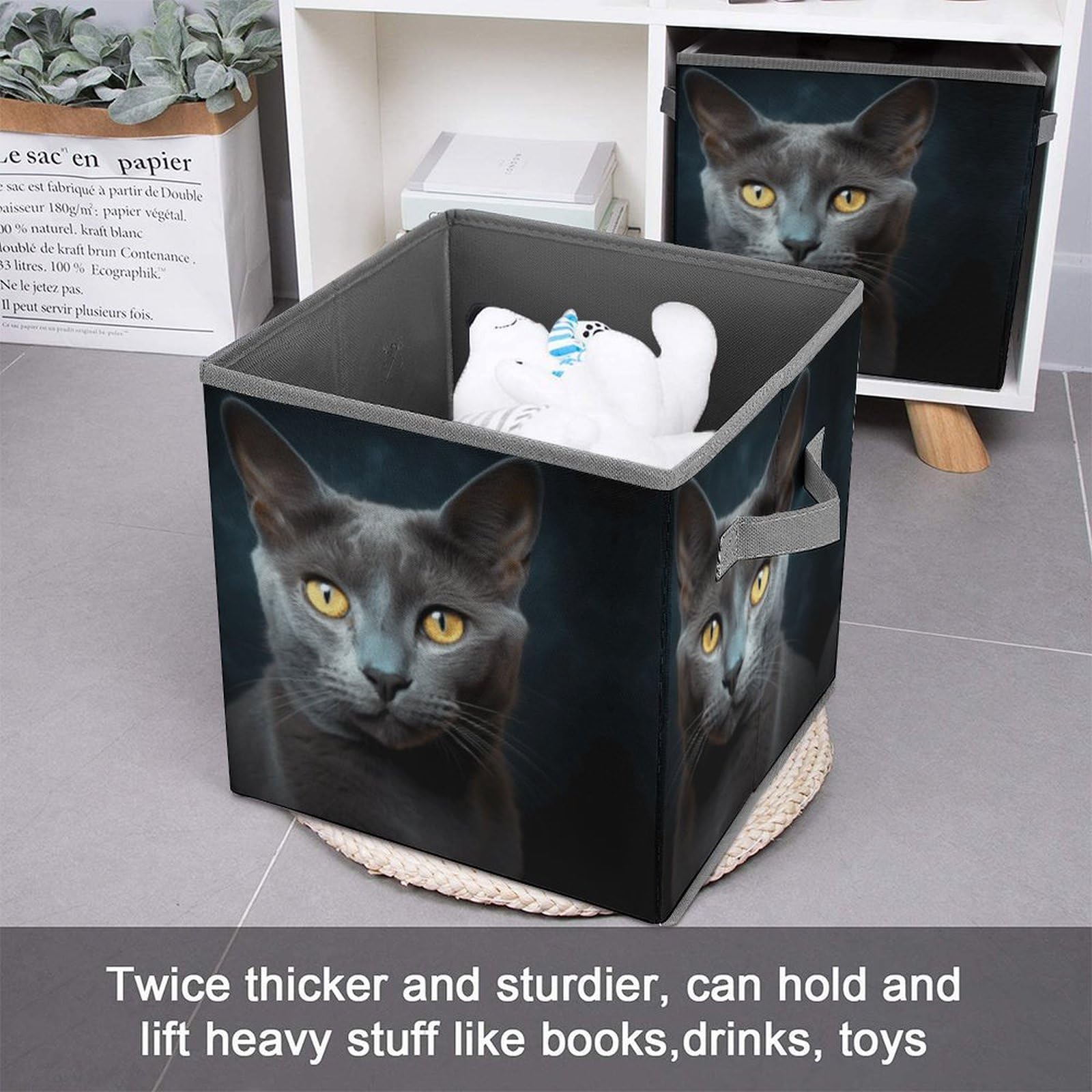 Foldable Storage Bins with Handles - Gray Cat Design Cube Organizer for Clothes, Cabinet & Shelf Organization | Perfect for Bedroom, Closet & Kids Room Storage Solutions