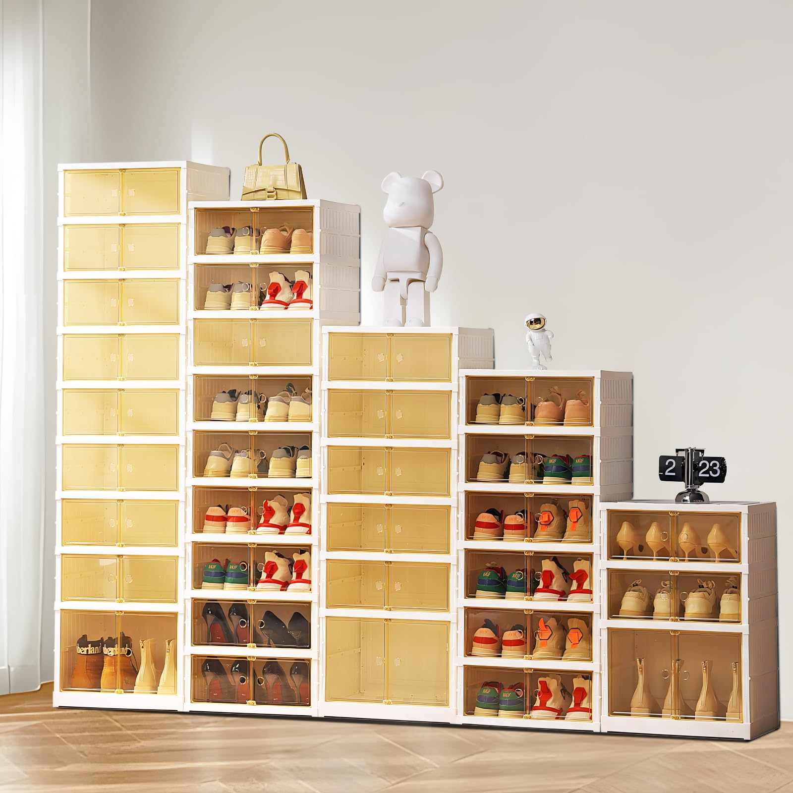 Stackable 6-Tier Shoe Storage Organizer with Magnetic Clear Door - Holds 24 Pairs of Shoes - Portable Sneaker Cabinet for Closet, Bedroom & Entryway Organization - Large Plastic Shoe Containers with Lids (Set of 2) - Perfect for Small Spaces & Shoe Lovers
