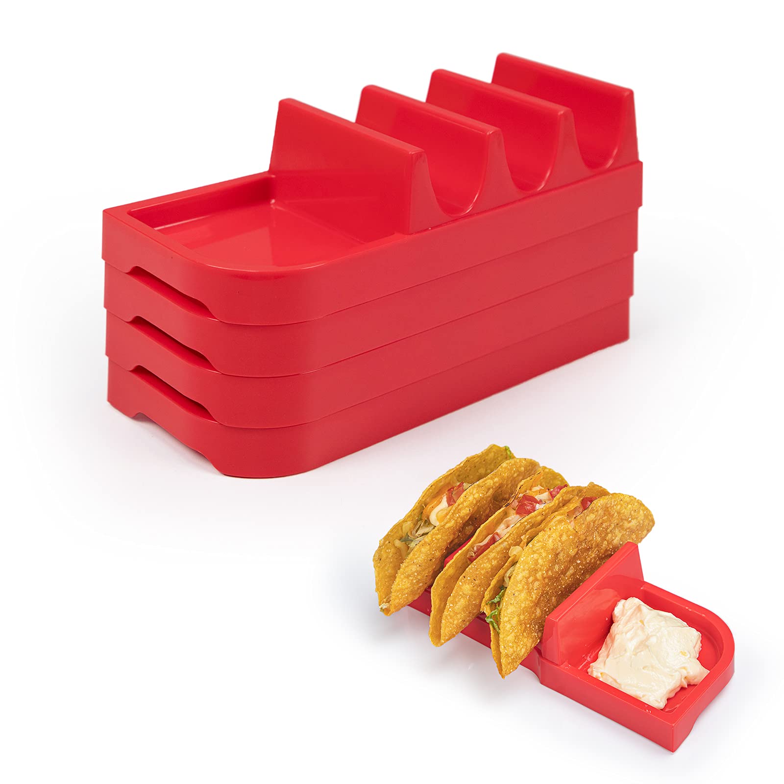 4-Pack Taco Holders with Dividers - Stand for 3 Tacos Each - Oven & Dishwasher Safe Taco Rack - Perfect for Taco Tuesday Parties, Family Dinners & Mexican-Themed Events (Red)