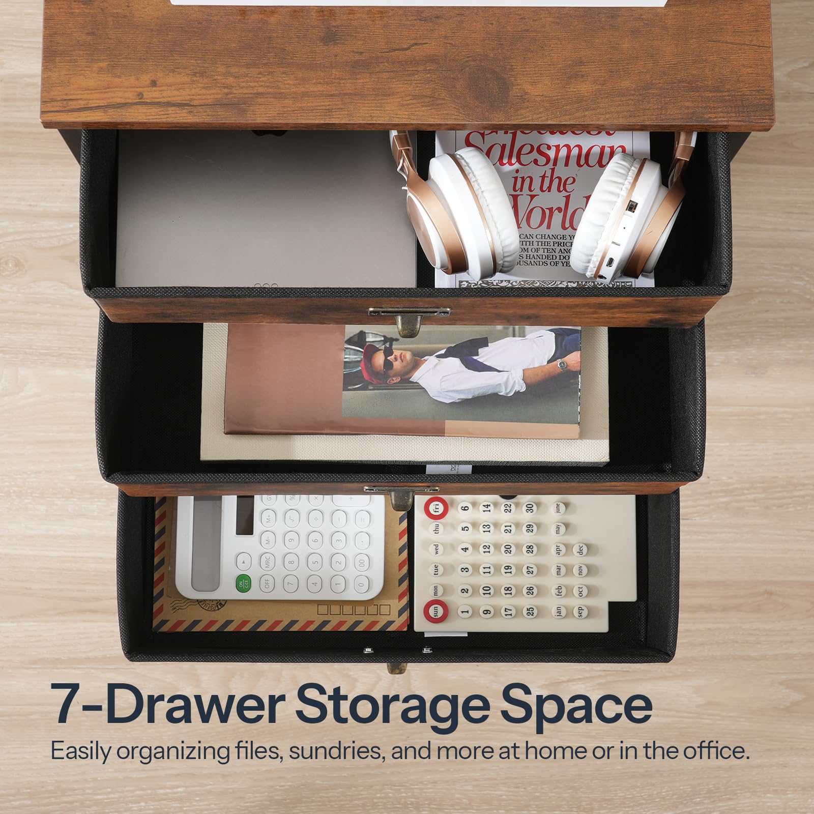 HOOBRO 7-Drawer Vertical File Cabinet, Metal Office Storage Cabinet with Drawers, Home Office Organizer - Rustic Brown & Black, Includes S-Hooks & Nameplates, Sturdy Metal Frame, Easy Assembly | Perfect for Document Storage, Office Organization & Home Workspace