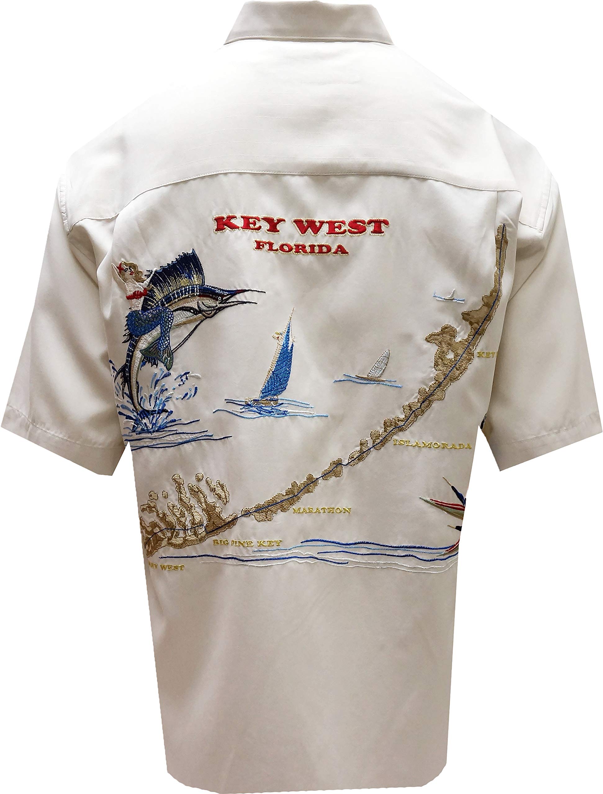 Bamboo Cay Men's Tropical Embroidered Camp Shirt with Key West Map Print - Perfect for Beach Vacations, Summer Parties & Casual Outings