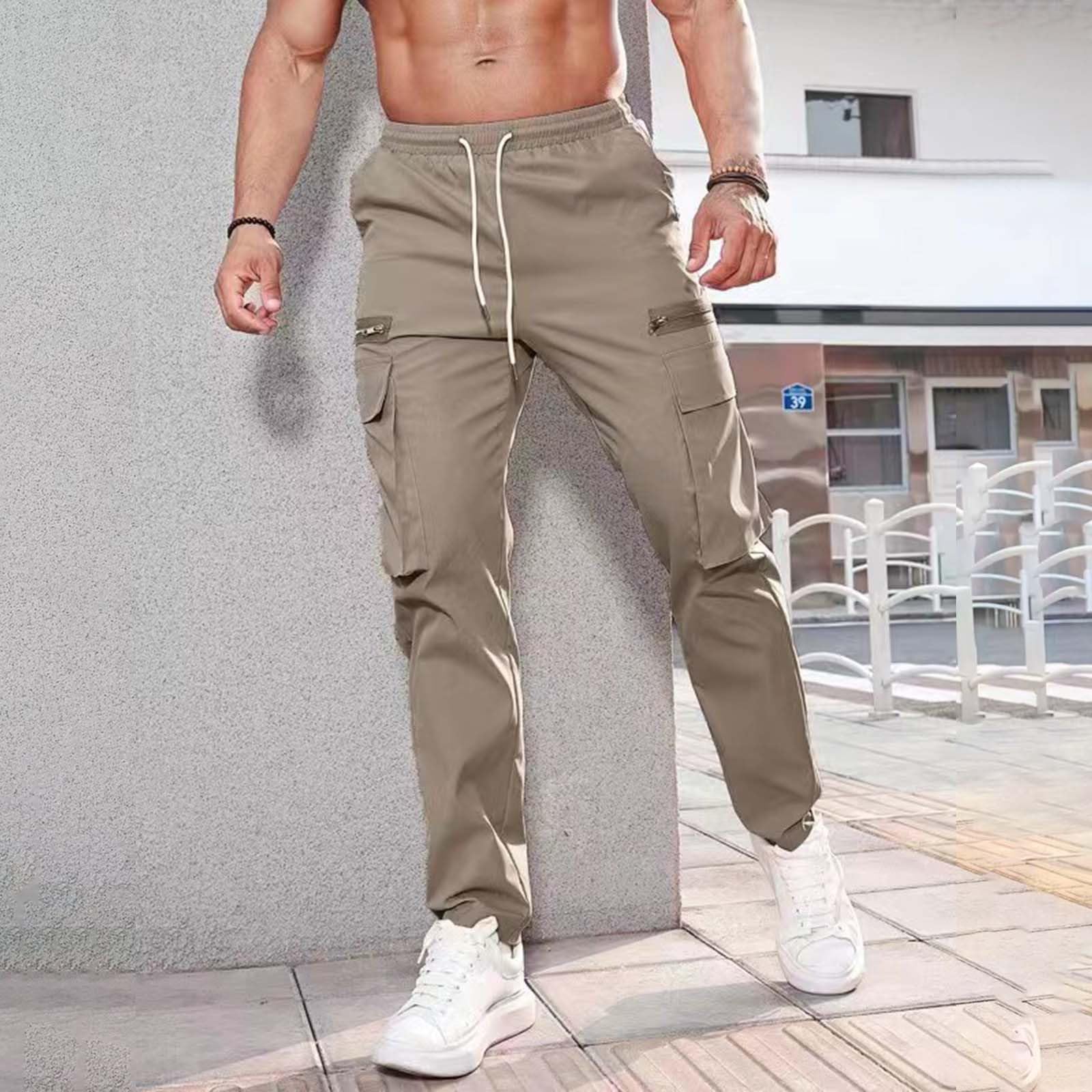 Men's Cargo Sweatpants - Casual Fall Work Pants with Elastic Waist & Zipper Pockets | Regular Fit Drawstring Trousers for Outdoor Activities, Workwear & Everyday Comfort