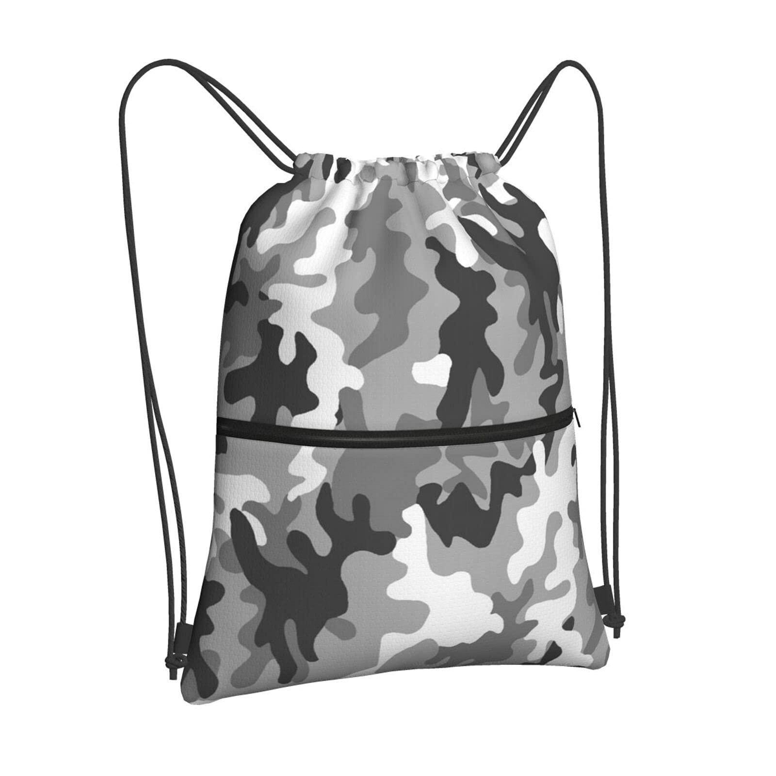Lightweight Waterproof Drawstring Backpack with Zippered Pocket - Camouflage Gray Cinch Bag for Gym, Sports, Yoga, Beach & Swimming | Perfect for Workouts, Travel & Outdoor Activities