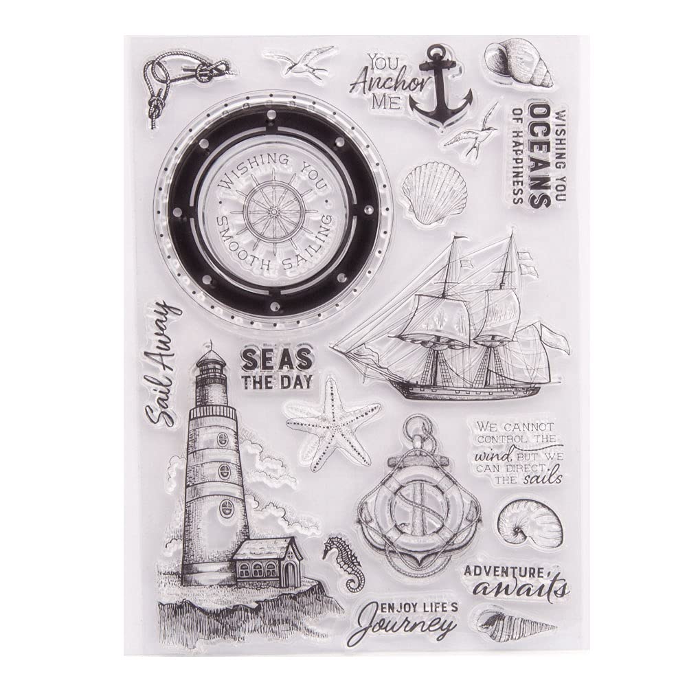 LZBRDY 5.9 x 8.3 Inch Clear Stamps Set - Sailing Ship, Lighthouse, Anchor, Rudder & Starfish Designs for Card Making, Scrapbooking | Perfect for Birthday, Christmas, Holiday & Journey Themed Crafts (DIY Greeting Cards, Memory Books, Gift Tags)