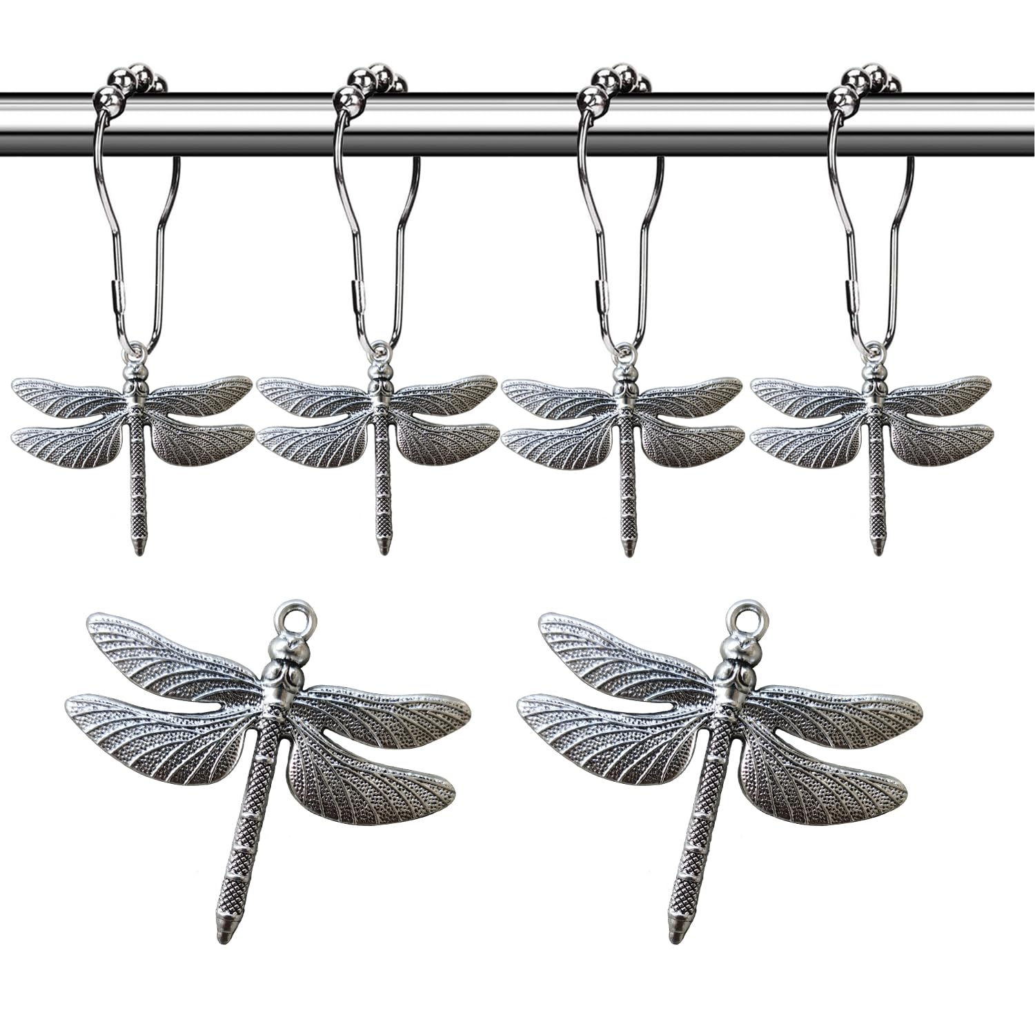 Rust-Proof Dragonfly Shower Curtain Hooks - 12PCS Decorative Bathroom Accessories Set with Natural Forest Garden Theme | Perfect for Farmhouse, Country, and Rustic Bathroom Decor